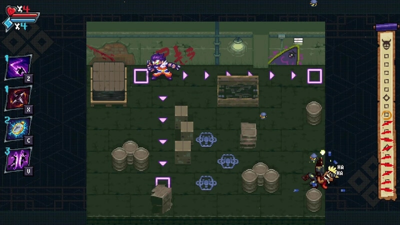 Arashi Gaiden: Arashi navigates a warehouse maze, dodging obstacles with action icons on the left UI