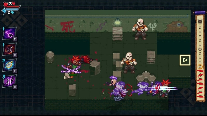 Arashi Gaiden: Arashi battles ninjas in a dimly lit warehouse with health and skill icons on the side.