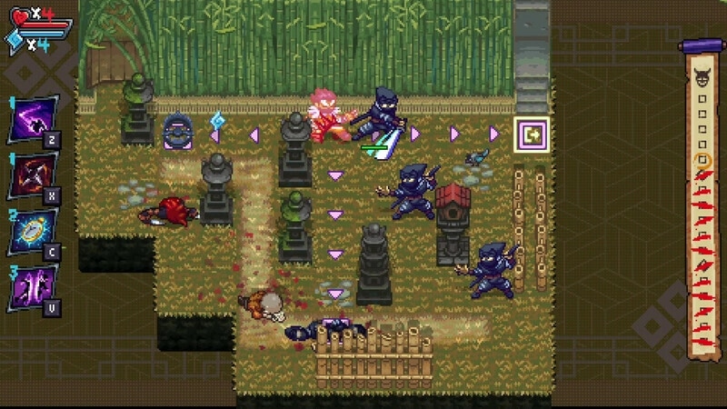 Arashi Gaiden: Arashi battling ninjas in a bamboo forest with health bar and abilities menu visible