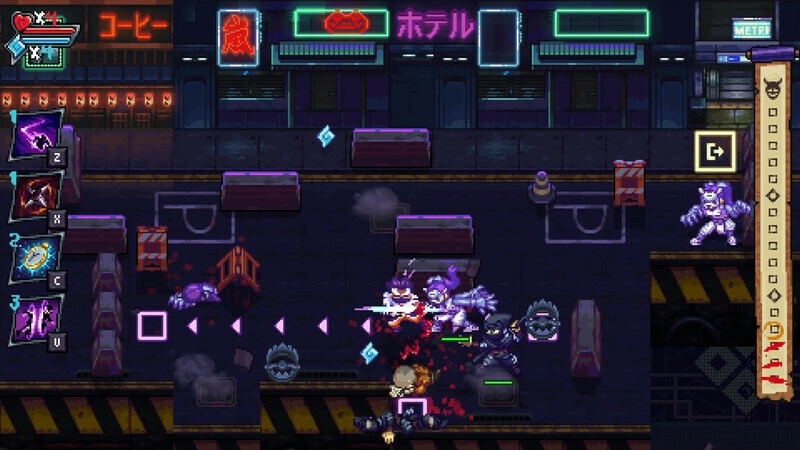 Arashi Gaiden: Arashi battling enemies in a neon-lit street with action menu and health bar visible.