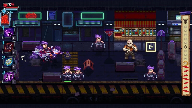 Arashi Gaiden: Arashi engages in combat with ninjas on a neon-lit street, skill menu visible on the side.
