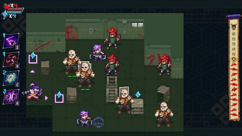 Arashi Gaiden: Arashi engages in tactical combat with enemy ninjas and soldiers in a dimly lit warehouse.