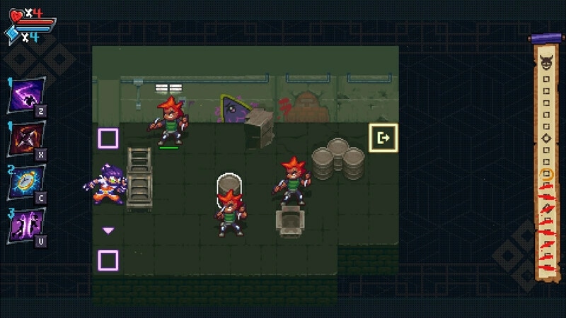 Arashi Gaiden: Arashi battles three enemies in a dimly lit room with barrels and crates around.