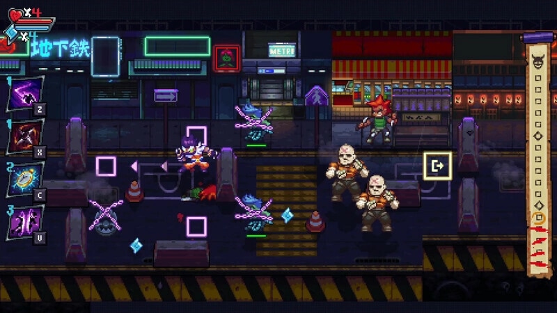 Arashi Gaiden: Arashi battles enemies in a neon-lit subway station with combat abilities displayed.