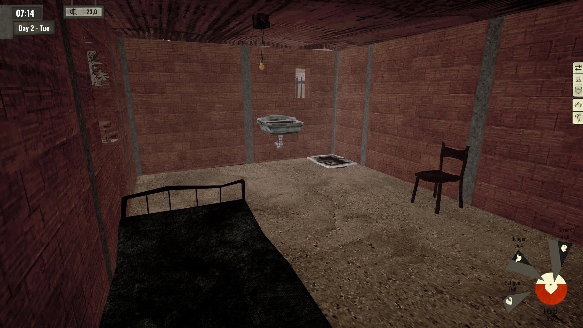 Arbeiter: Sparse room with bed, chair, and sink. UI shows time, day, hunger, stress, fatigue, and health.