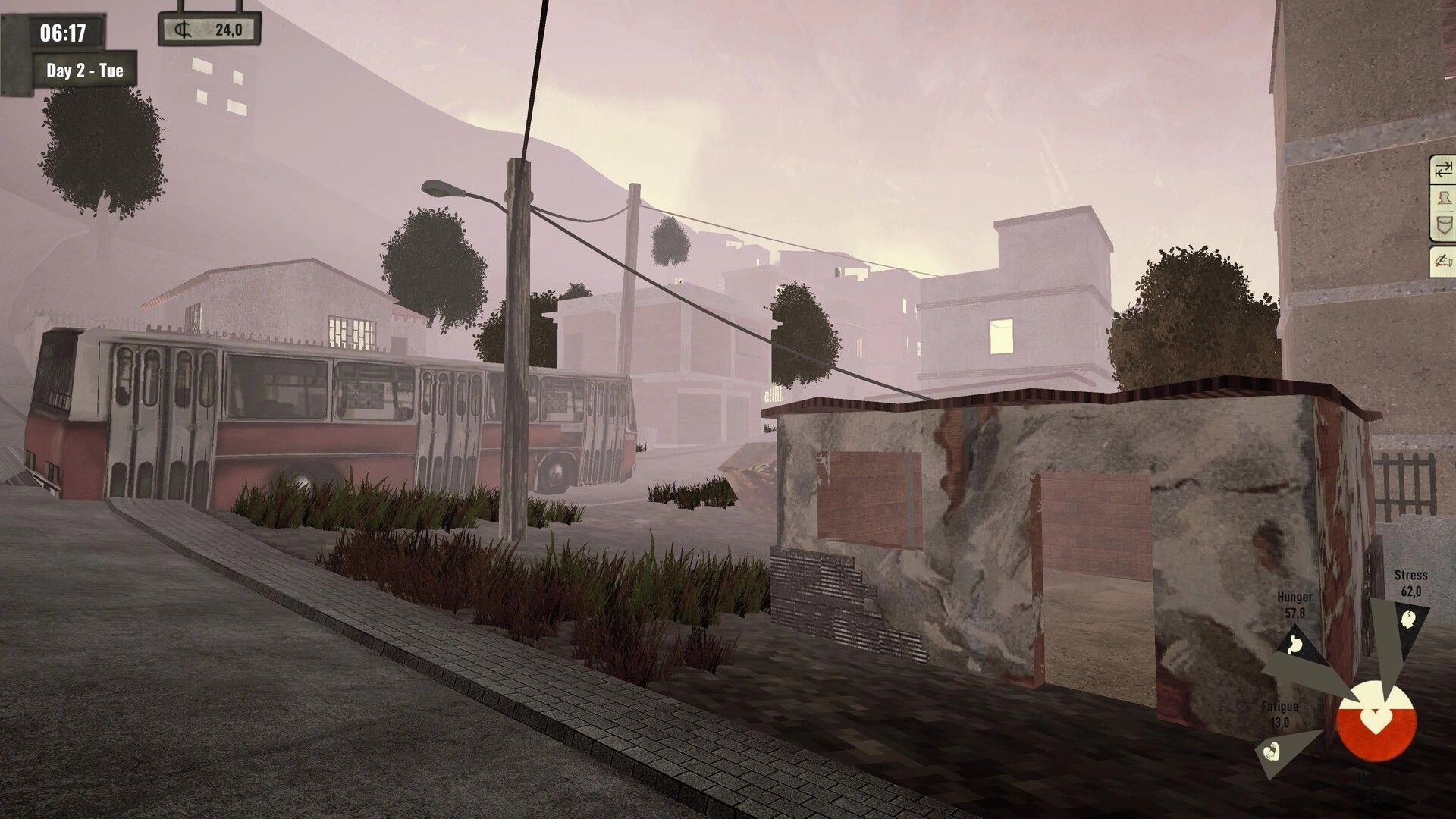 Arbeiter: Early morning in a rundown urban area with abandoned bus and buildings, HUD showing stats.