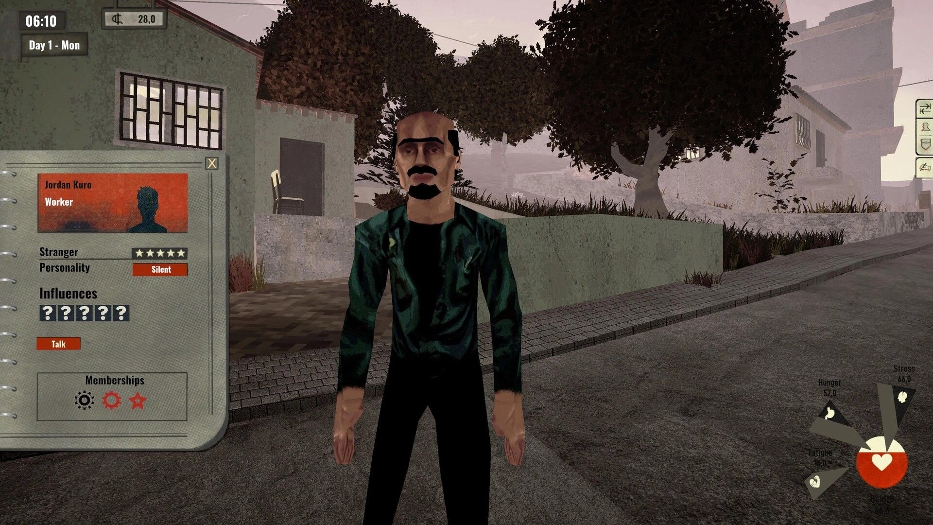 Arbeiter: Jordan Kuro stands on a street with character info panel and health stats in urban setting.