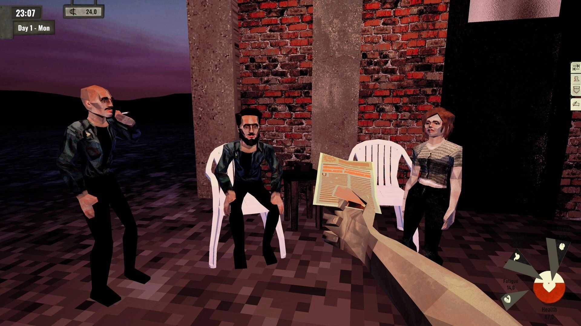 Arbeiter: Three characters converse outside a brick building at night while holding a newspaper.