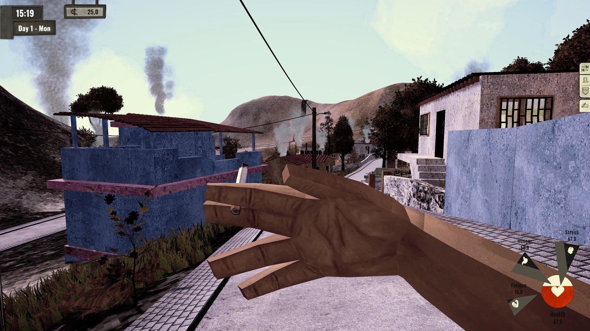 Arbeiter: Character smokes in town street with visible health and status indicators on UI.