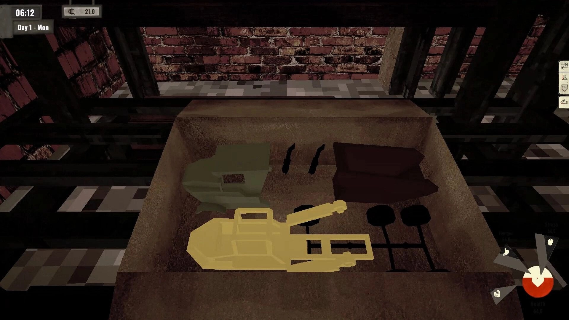 Arbeiter: Inventory box with tools and equipment in a brick-walled workshop, time shown as 06:12.