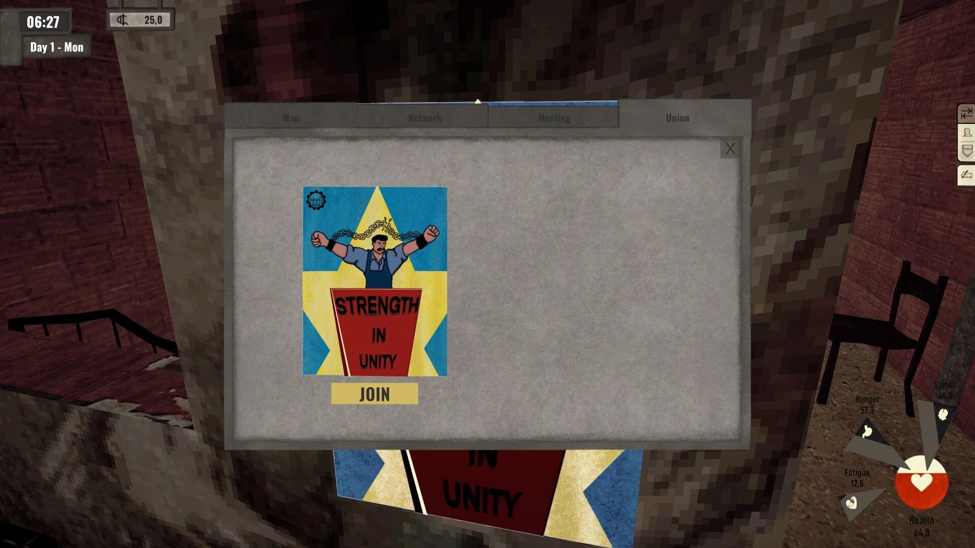 Arbeiter: Union tab open displaying "Strength in Unity" poster with player stats on screen's corner.