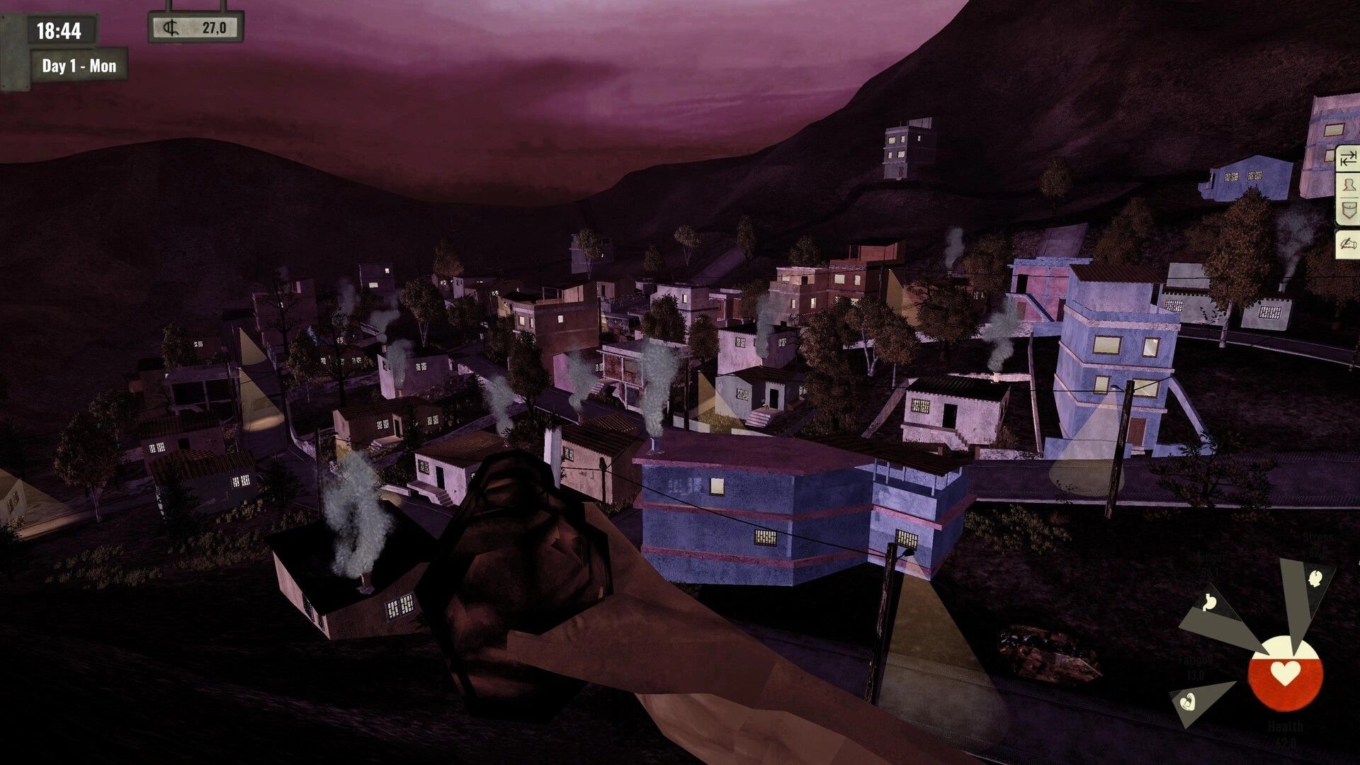 Arbeiter: Overhead view of a village at dusk with houses, smoke, and a visible health status UI.
