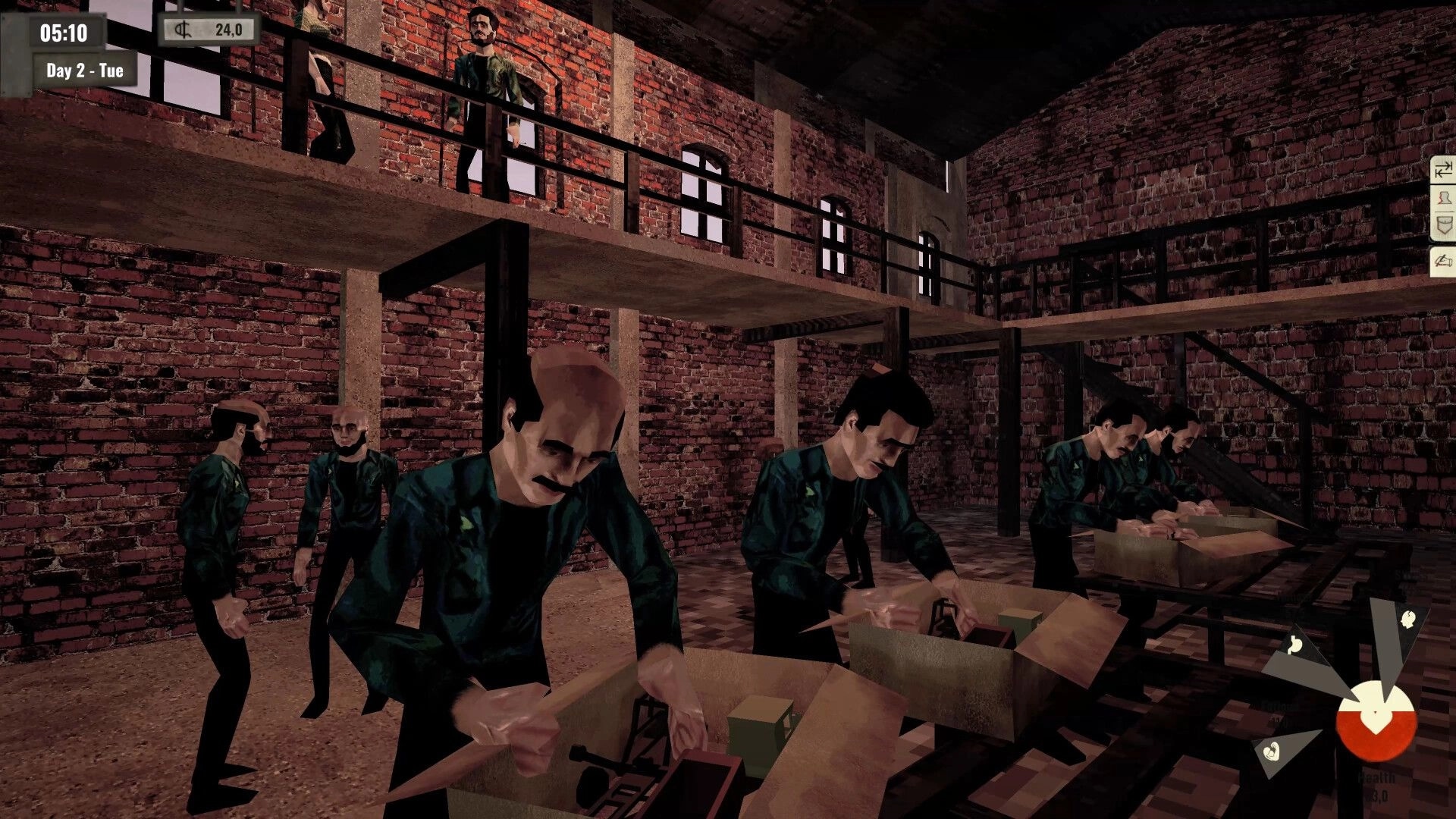 Arbeiter: Workers assemble items in a brick factory, overseen by a manager on an upper walkway.