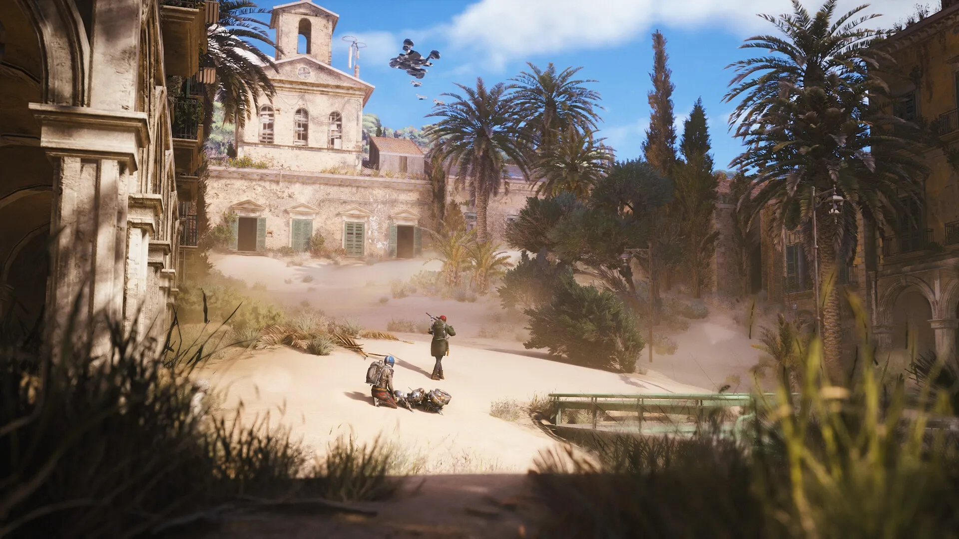 ARC Raiders: Two players traverse a sunlit, overgrown courtyard with a drone hovering overhead.