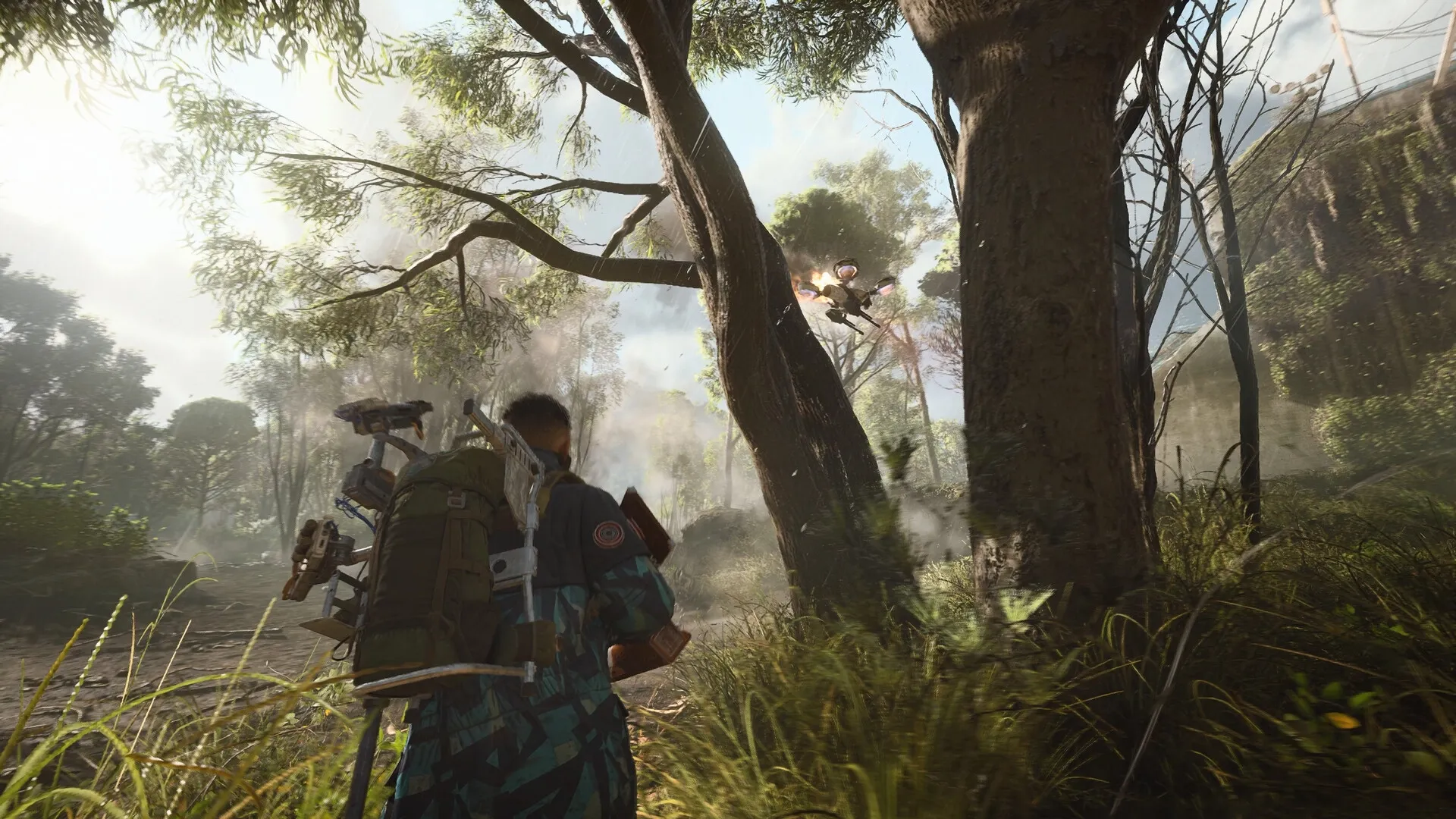 ARC Raiders: Player exploring dense forest with futuristic gear, drone flying nearby among tall trees