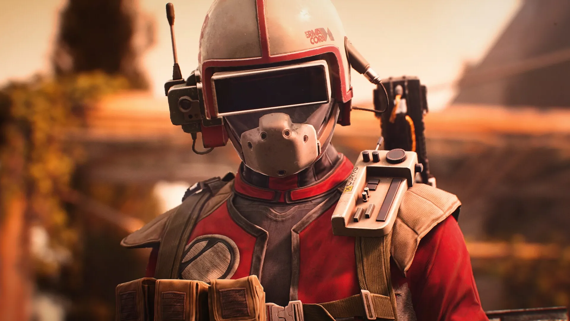 ARC Raiders: Armored character in red suit with headset in post-apocalyptic environment with blurred background