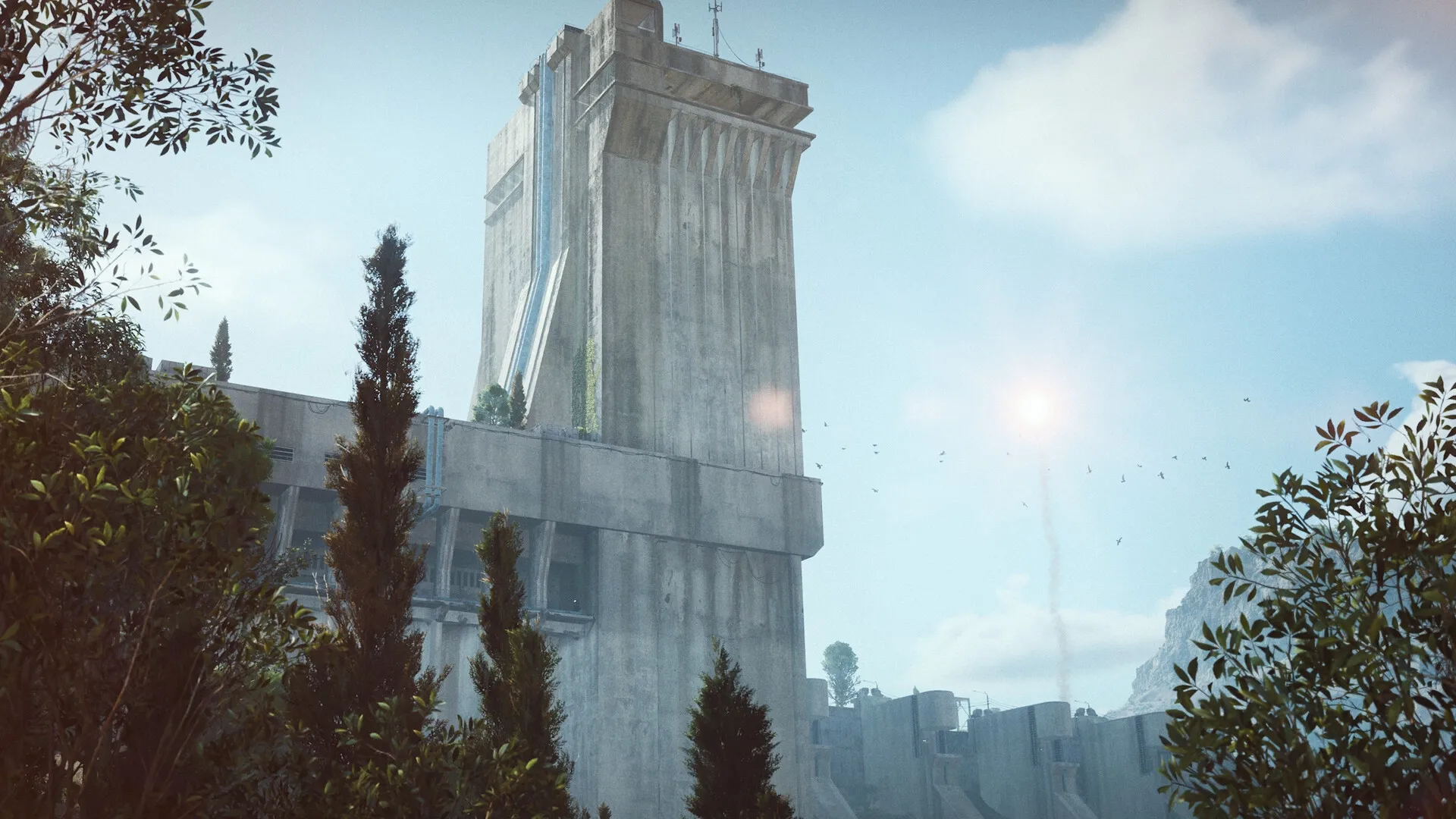 ARC Raiders: Towering concrete structure amidst lush greenery under a clear blue sky with distant birds