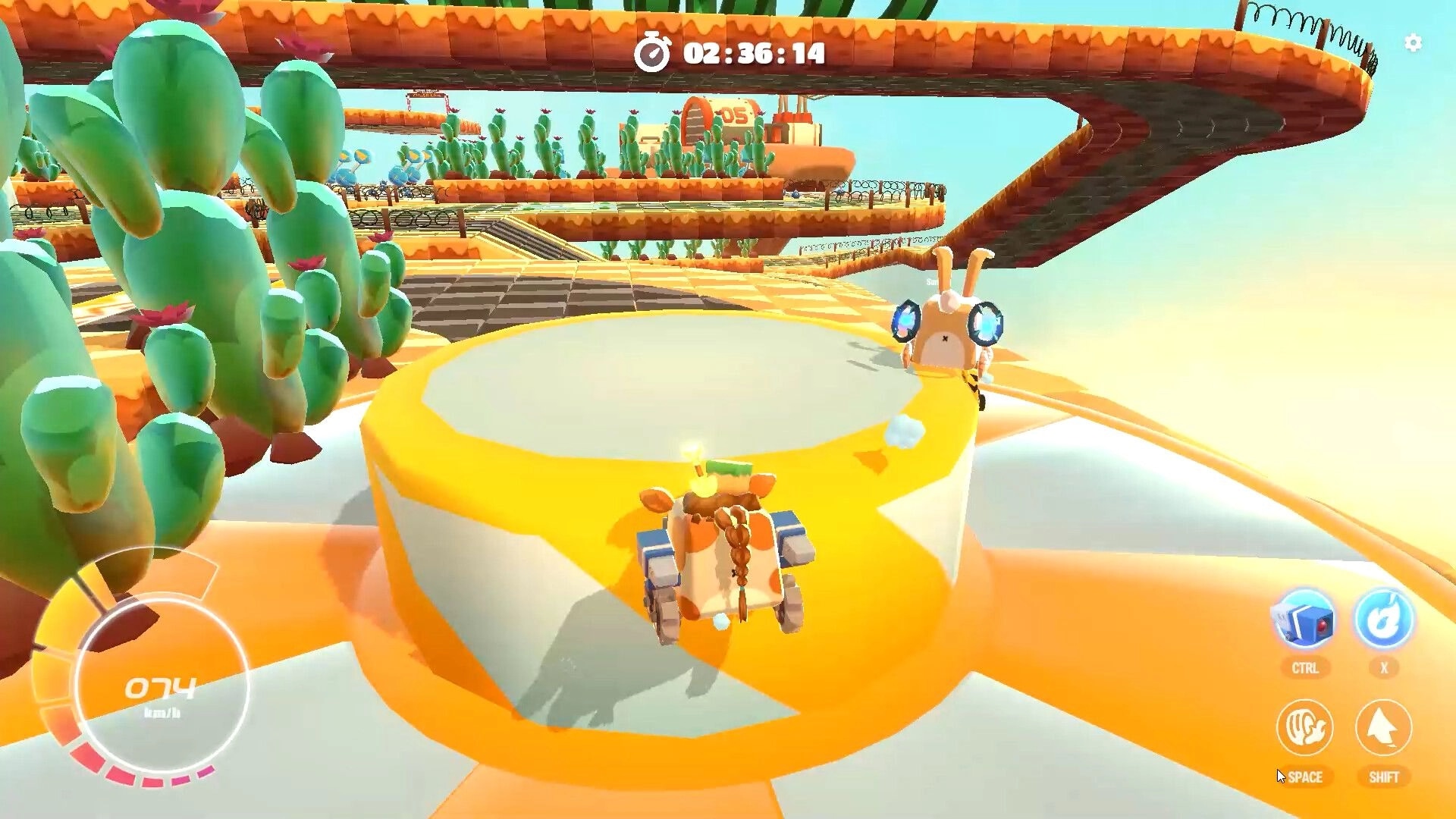 Arcade Galaxy: Racing through floating tracks with cacti, timer, and speedometer in vibrant desert sky