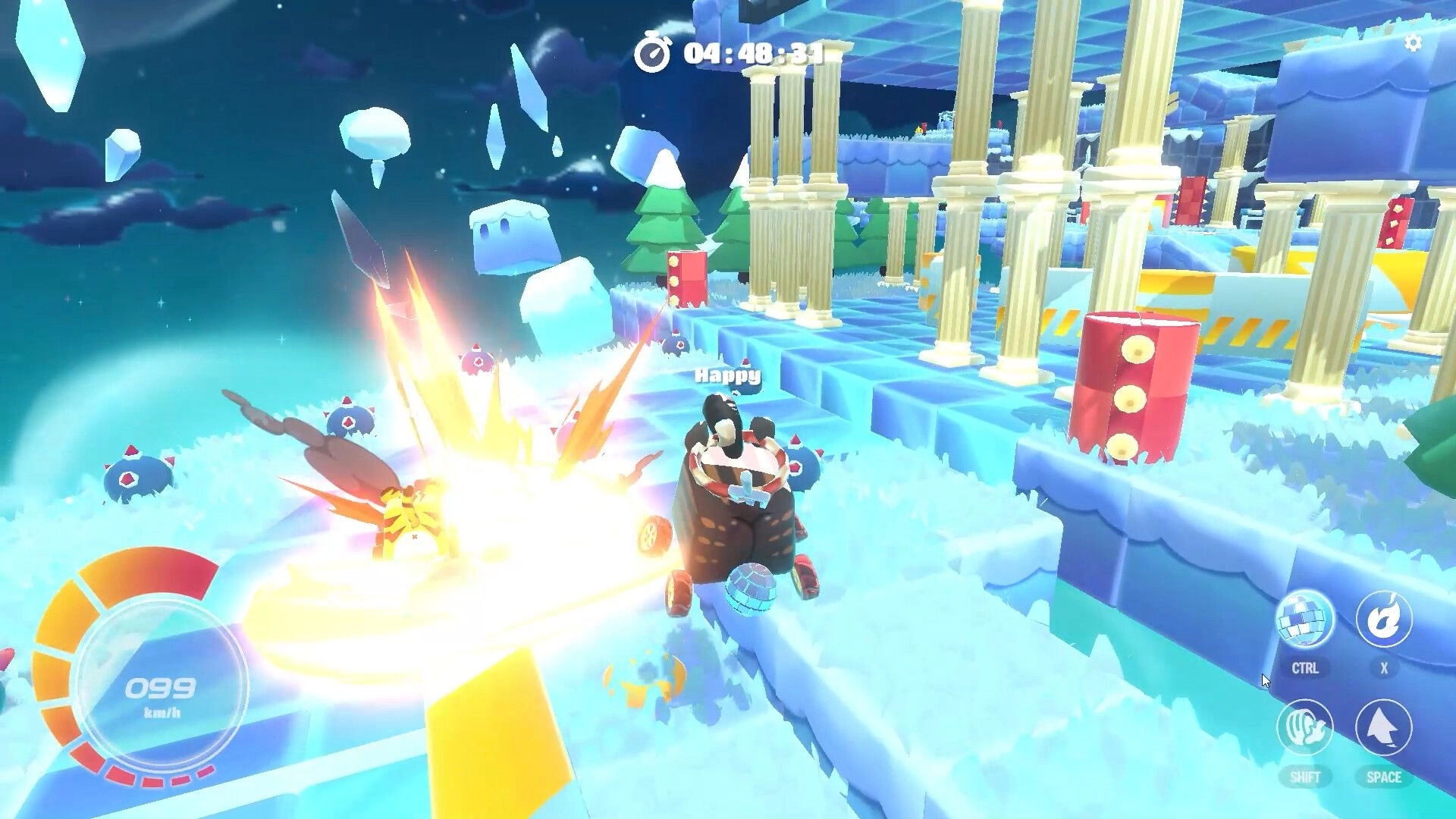 Arcade Galaxy: Racing character Happy speeds through icy level with columns and floating crystals