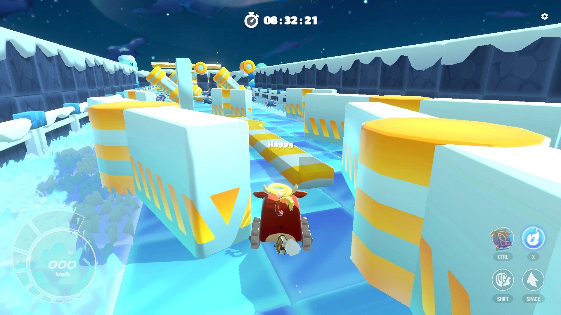 Arcade Galaxy: Racing through icy obstacle course with timer and controls displayed in a snowy landscape