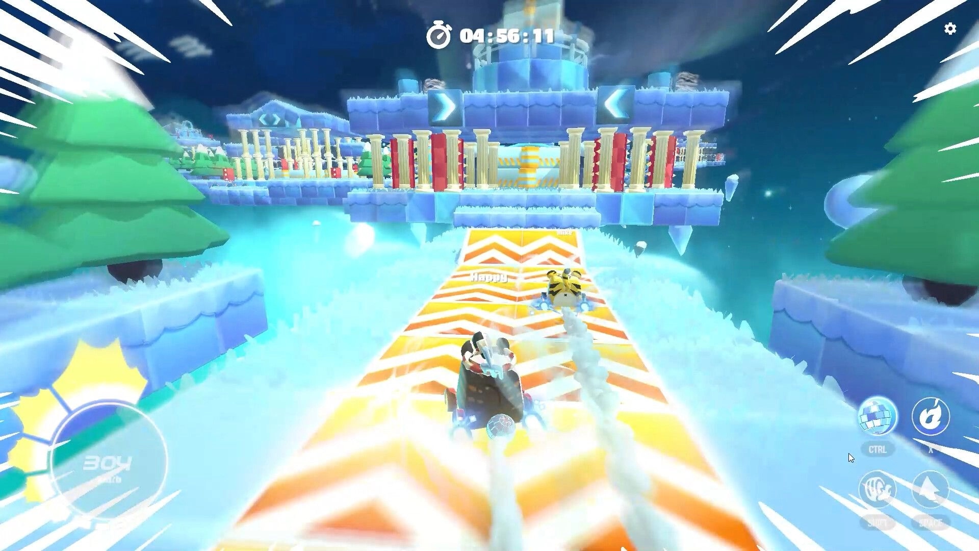 Arcade Galaxy: High-speed race on icy track with colorful obstacles in a snowy, futuristic environment