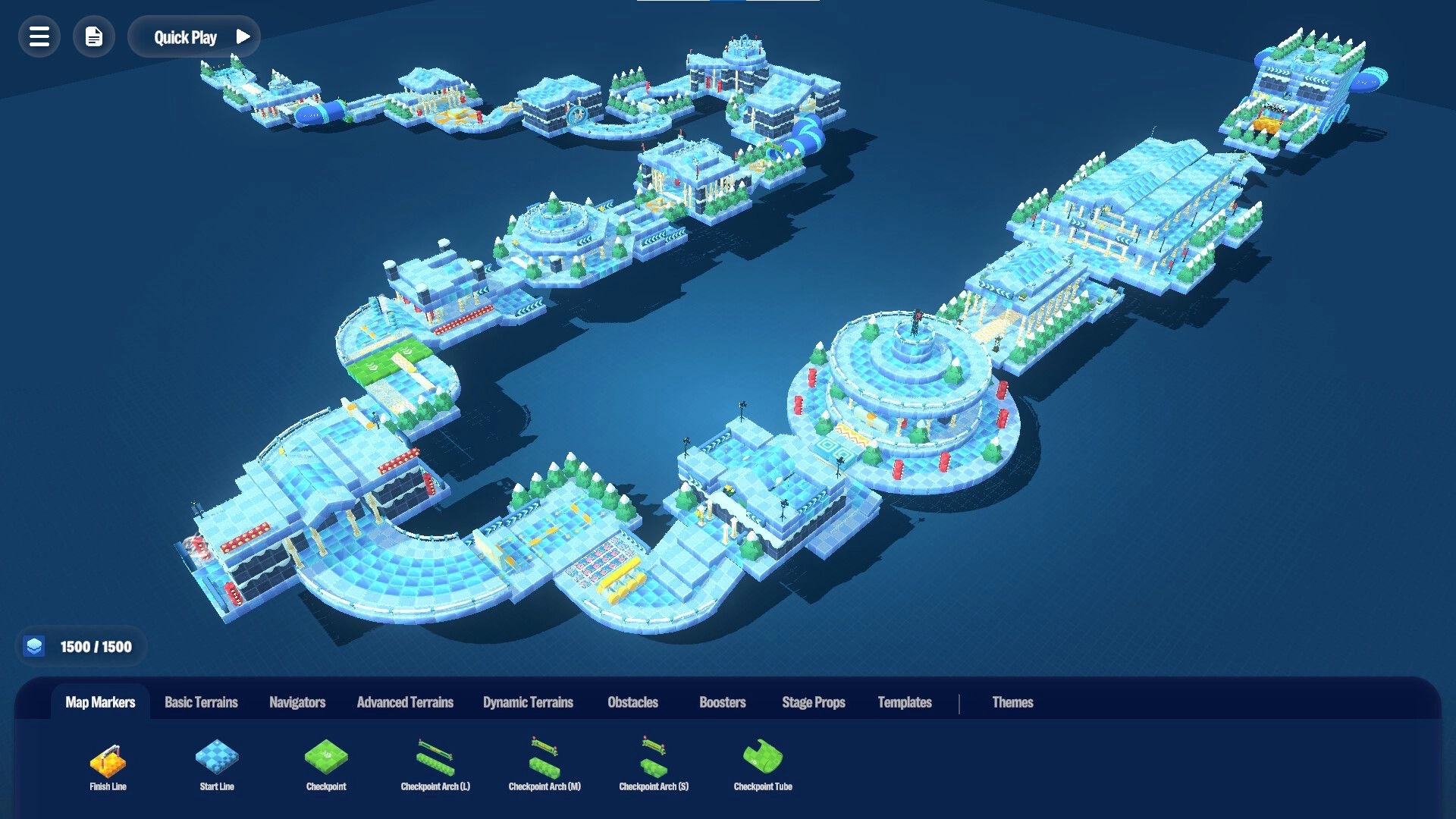 Arcade Galaxy: Race track editor with futuristic blue tracks and map markers menu displayed