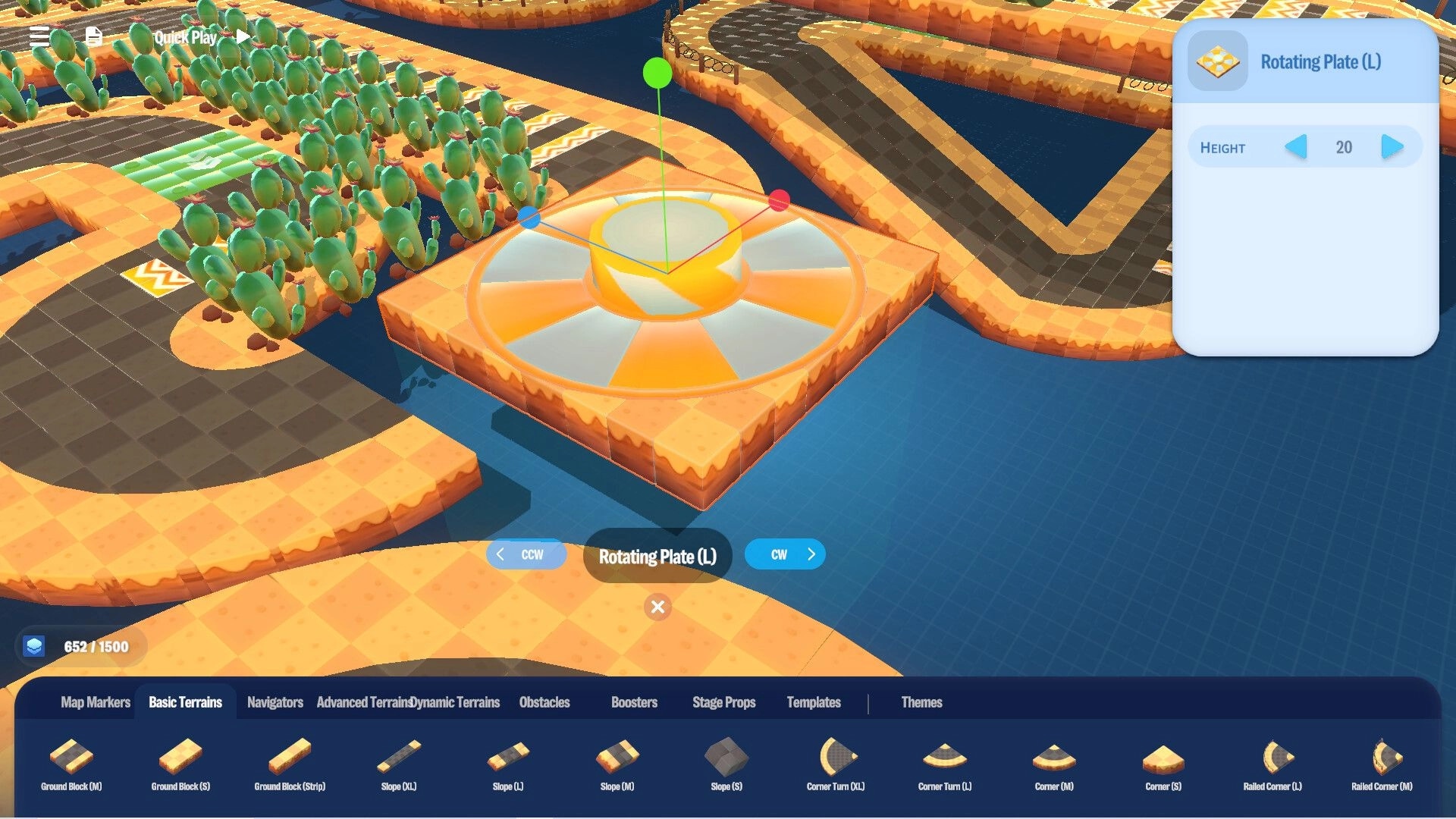 Arcade Galaxy: Level editor interface with rotating plate and terrain tools in a desert-like setting.