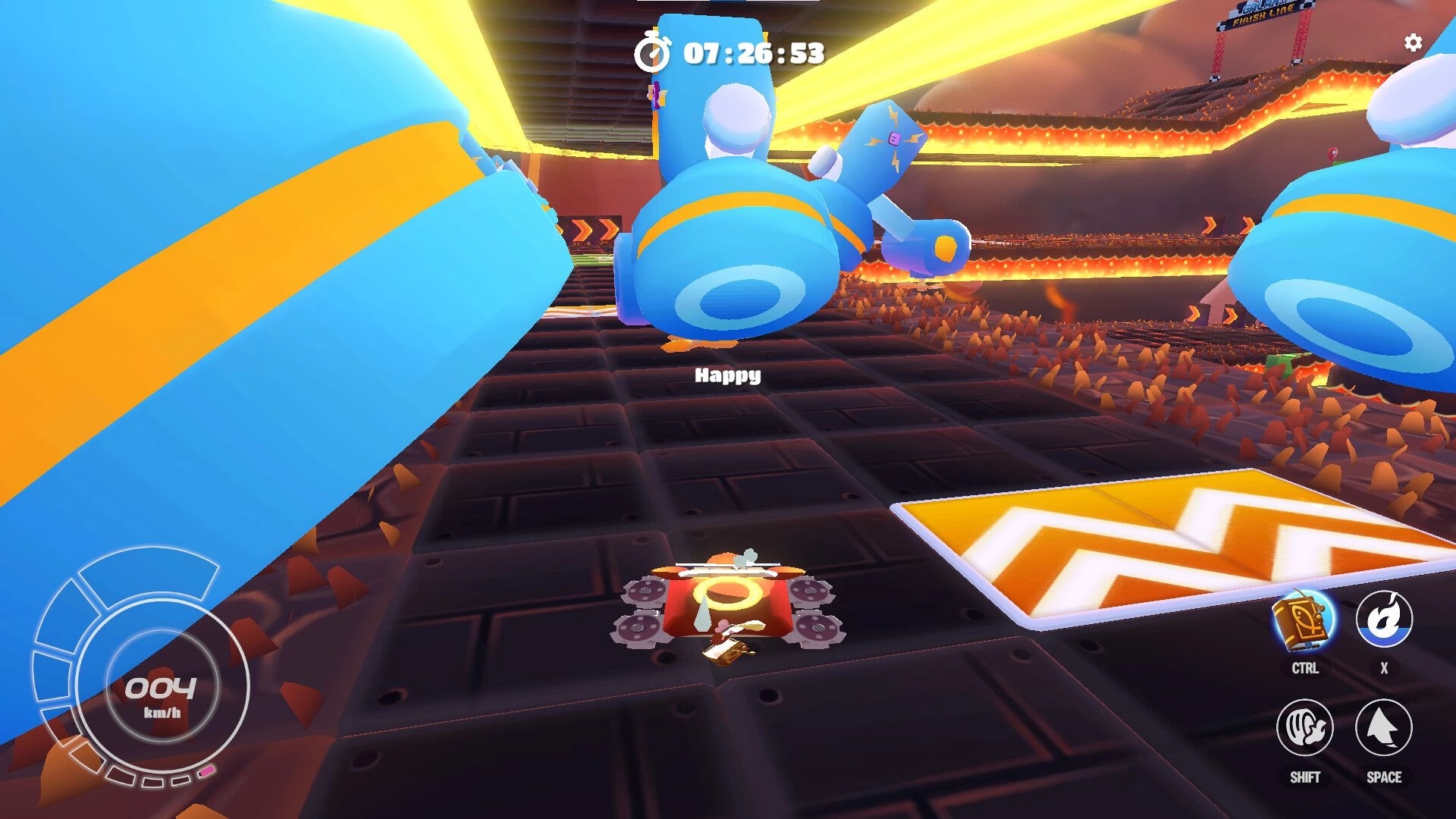 Arcade Galaxy: Racing cub navigating obstacle course with giant blue robots and speed boost pad