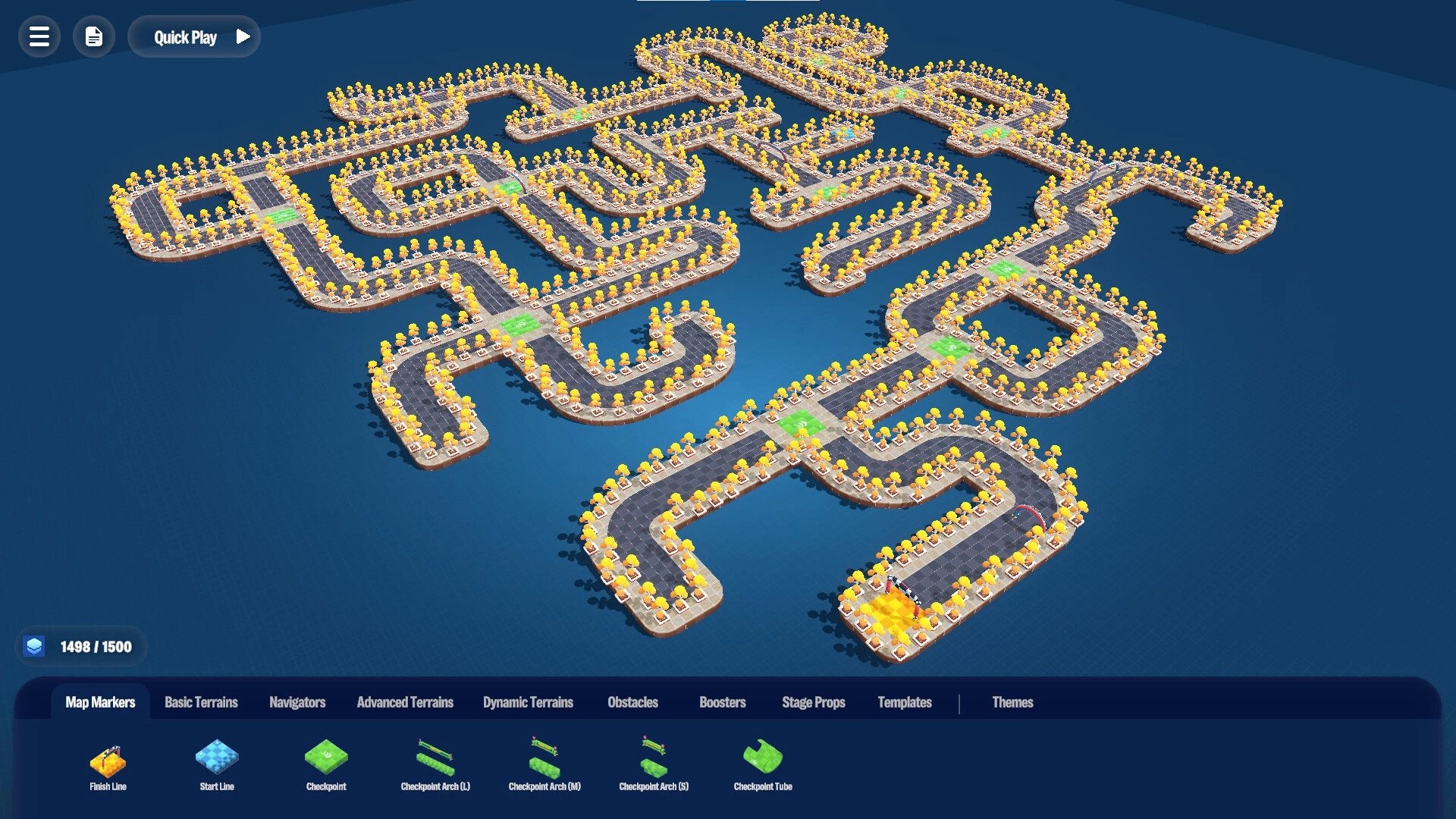 Arcade Galaxy: Track editor view displaying complex racecourse layout with vibrant markers on dark blue background.