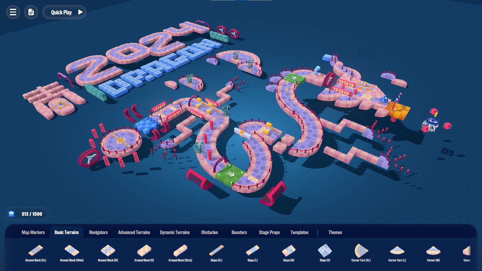Arcade Galaxy: Level editor with intricate track design, obstacles, and terrain selection menu visible.
