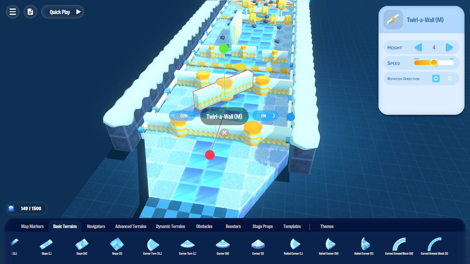 Arcade Galaxy: Level editor interface with "Twirl-a-Wall" obstacle on icy race track in creation mode
