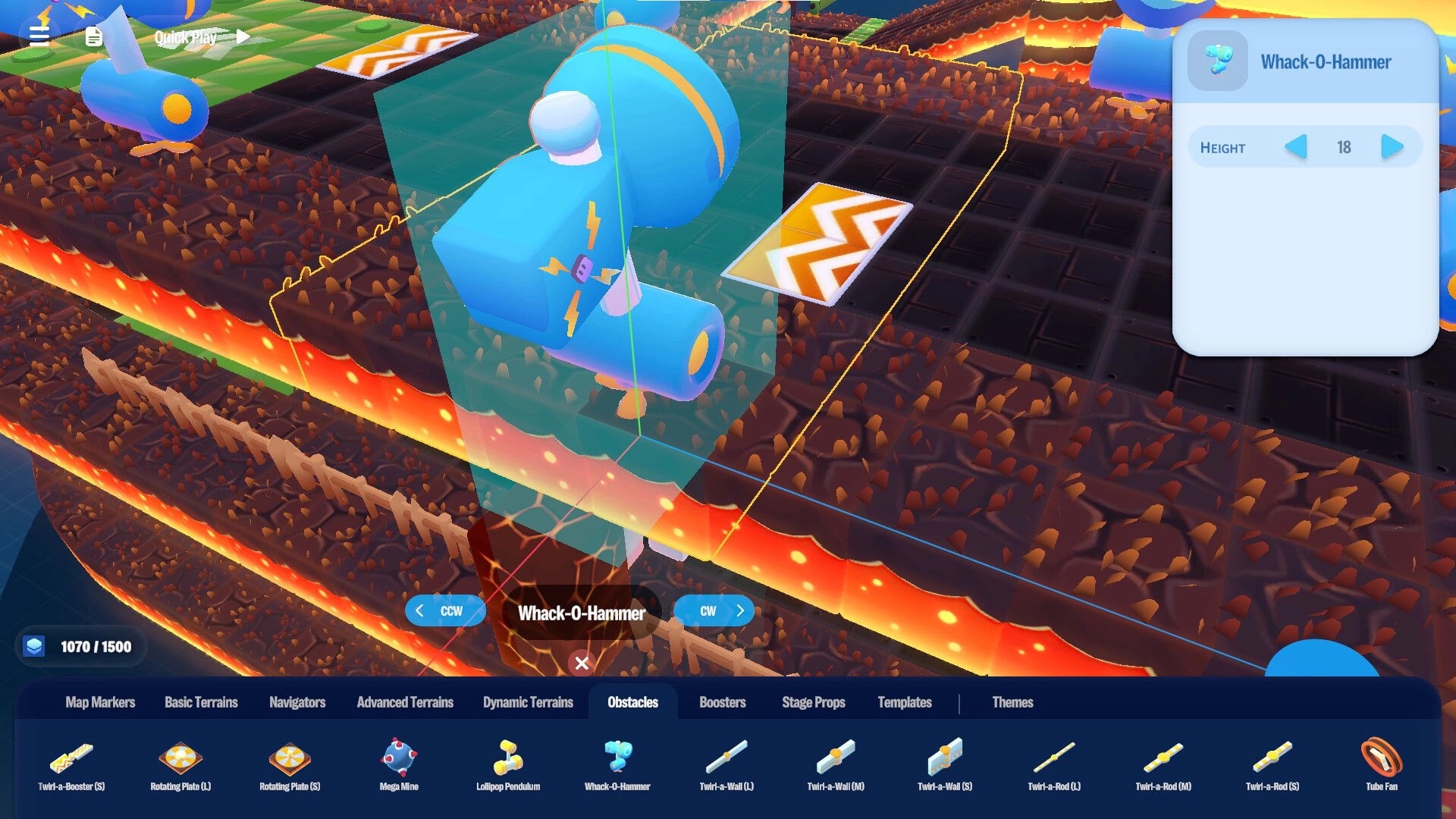 Arcade Galaxy: Level editor with Whack-O-Hammer obstacle over a lava-themed racing track environment
