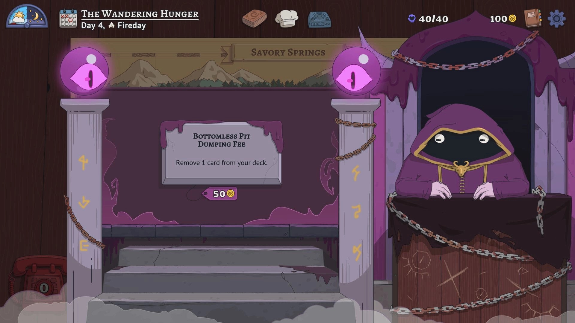 Arcane Eats: Mysterious hooded figure offers card removal service in a spooky, enchanted setting.