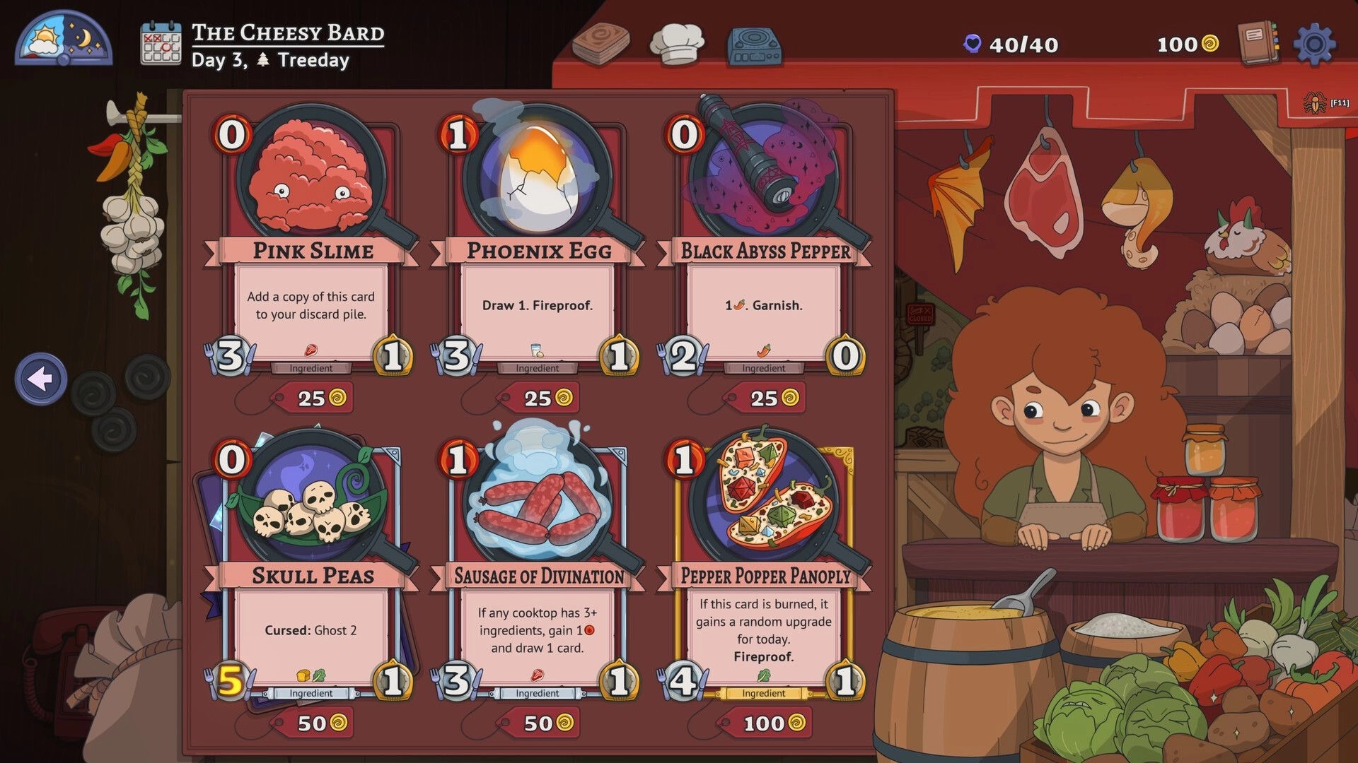 Arcane Eats: Ingredient cards selection in a market setting with vendor character and various foods displayed.
