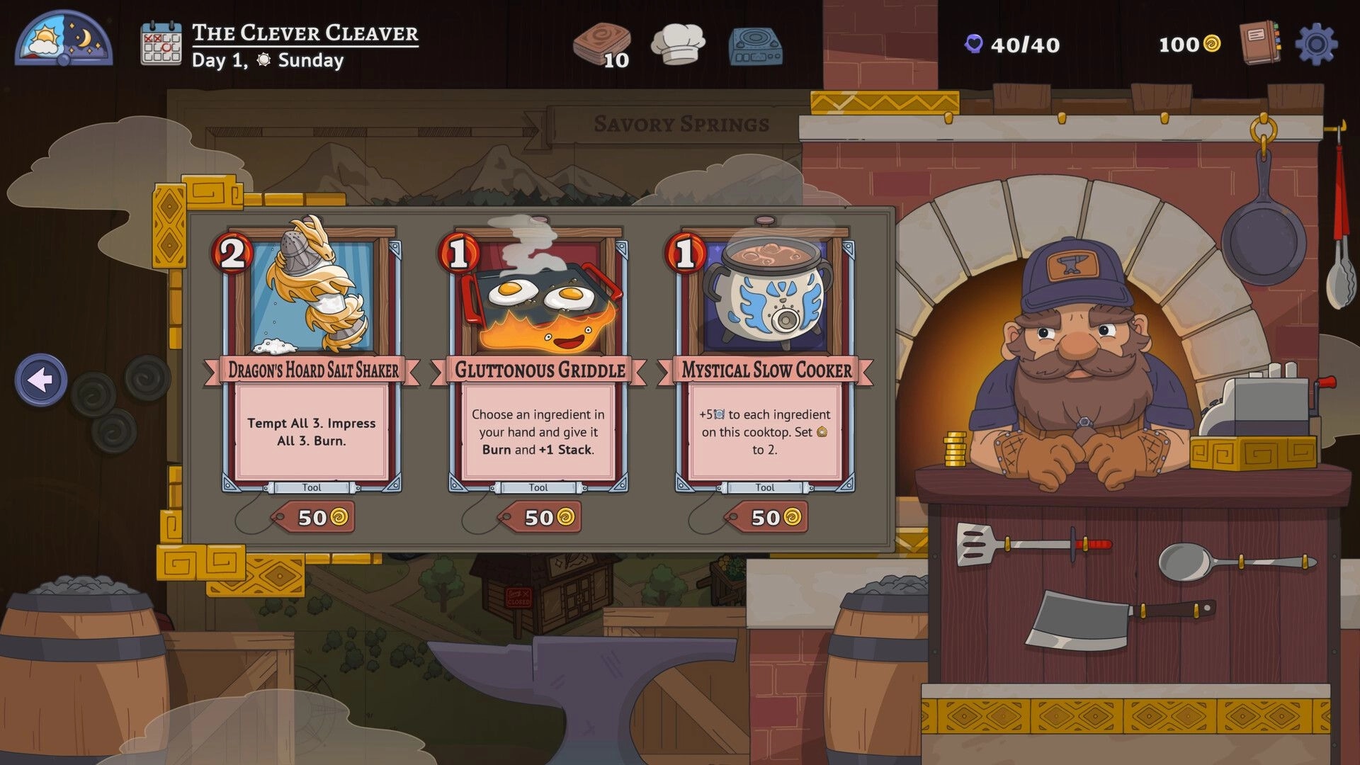 Arcane Eats: Merchant shop with Dragon's Hoard Salt Shaker, Gluttonous Griddle, Mystical Slow Cooker cards