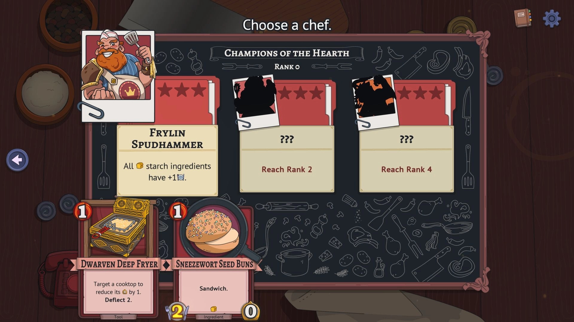 Arcane Eats: Chef selection screen with Frylin Spudhammer and ingredient cards displayed.