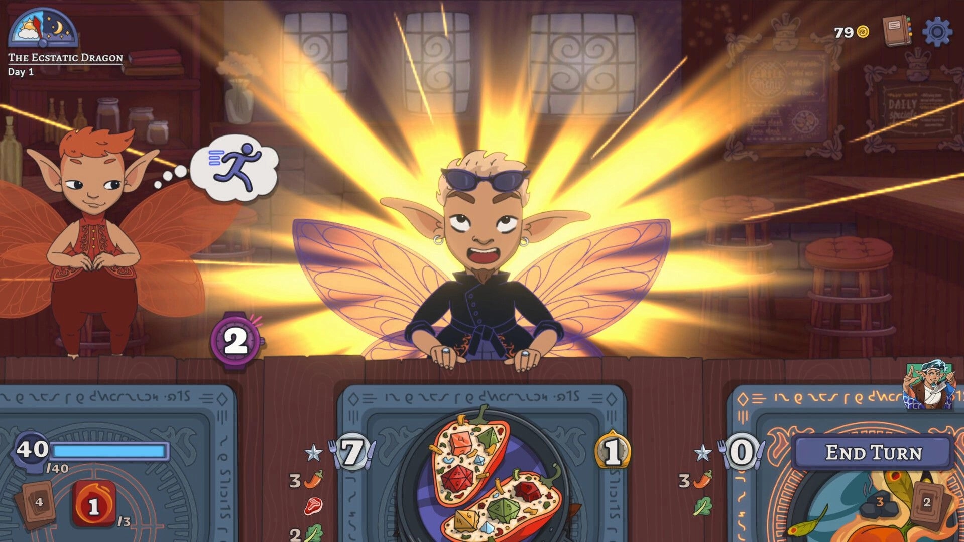 Arcane Eats: Excited fairy character using card abilities in a cozy tavern setting with glowing effects.