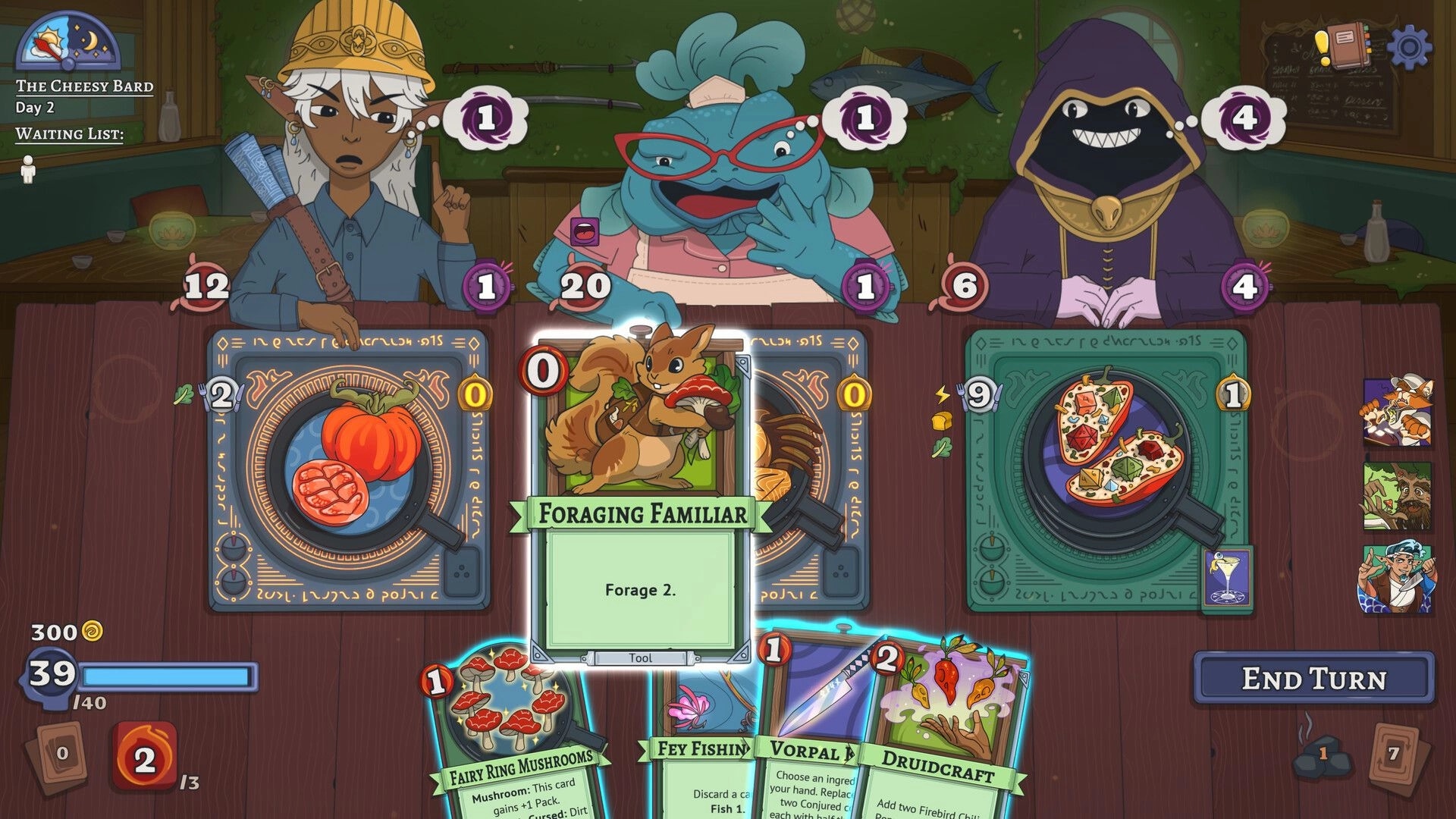 Arcane Eats: Three characters face off with ingredient cards in a tavern setting, strategizing moves.