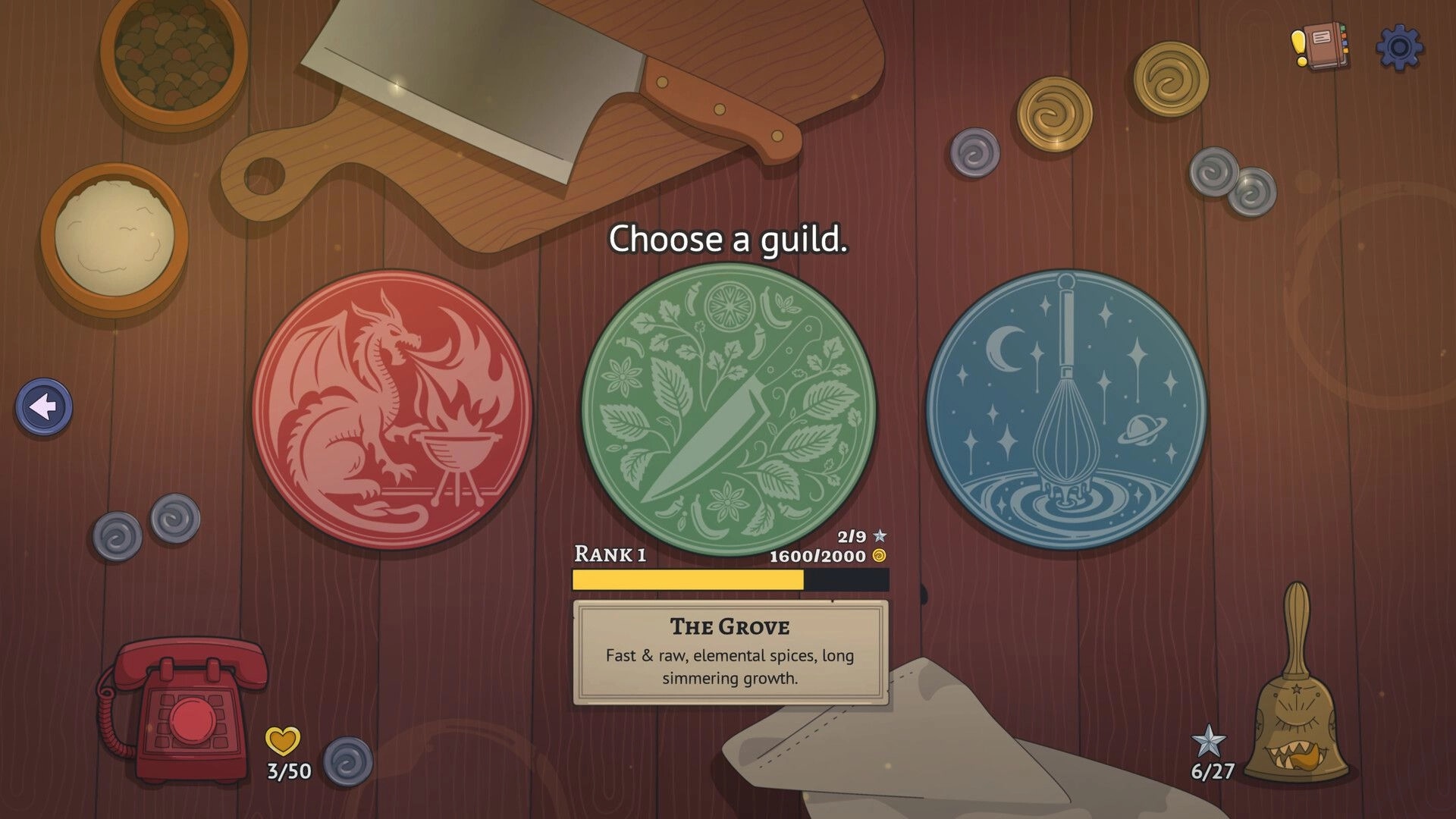 Arcane Eats: Guild selection screen with dragon, herb, and whisk emblems on a wooden background