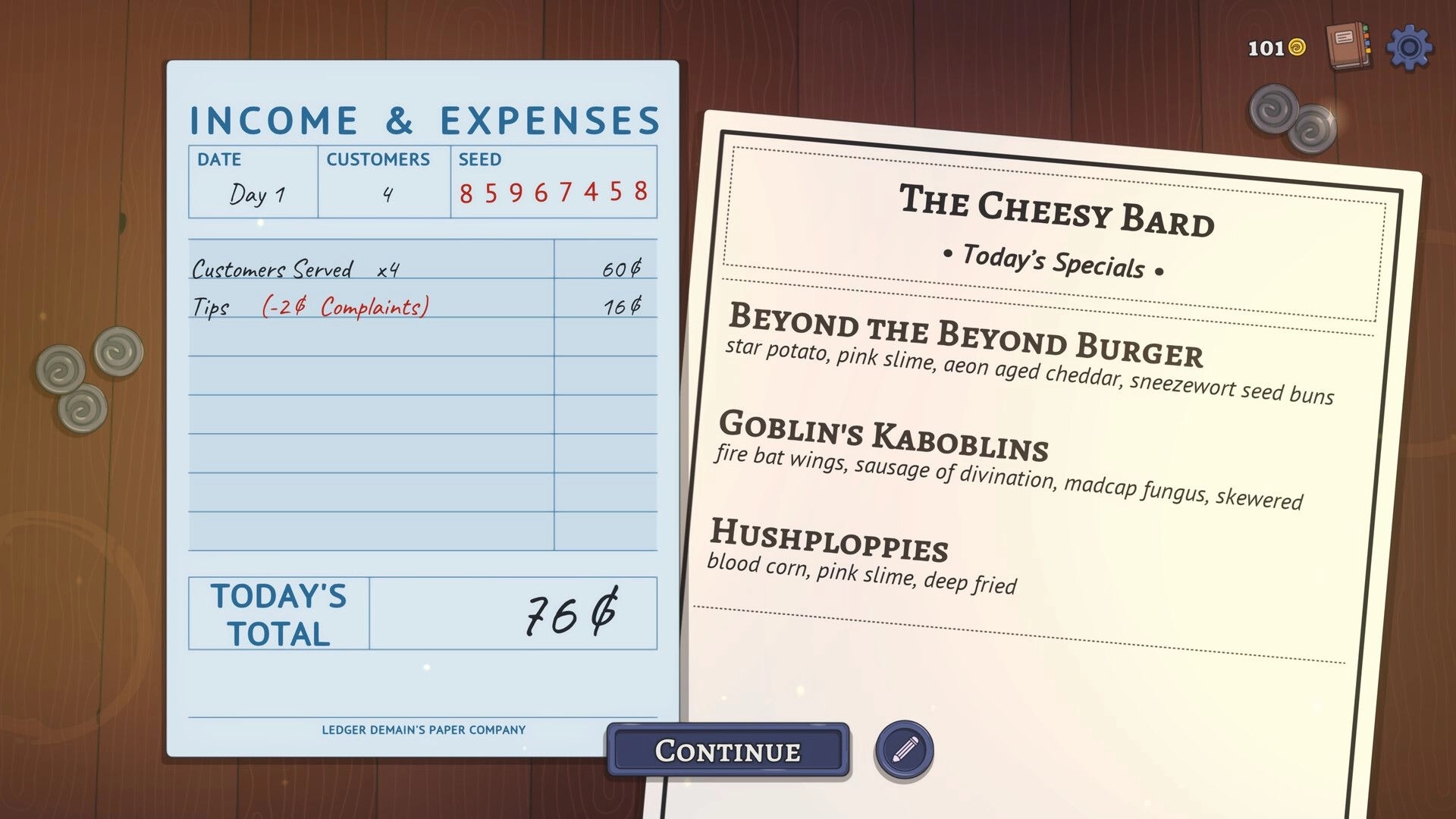 Arcane Eats: Income and expenses summary with today's specials menu at The Cheesy Bard restaurant.