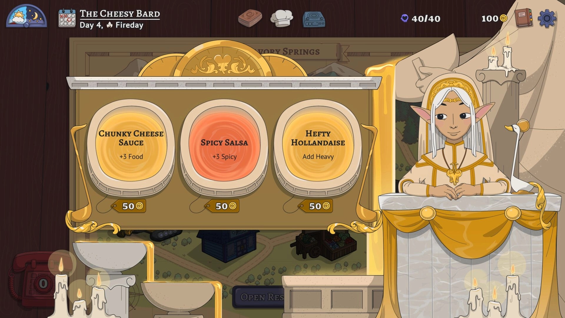 Arcane Eats: Ingredient selection with Chunky Cheese, Spicy Salsa, and Hefty Hollandaise options