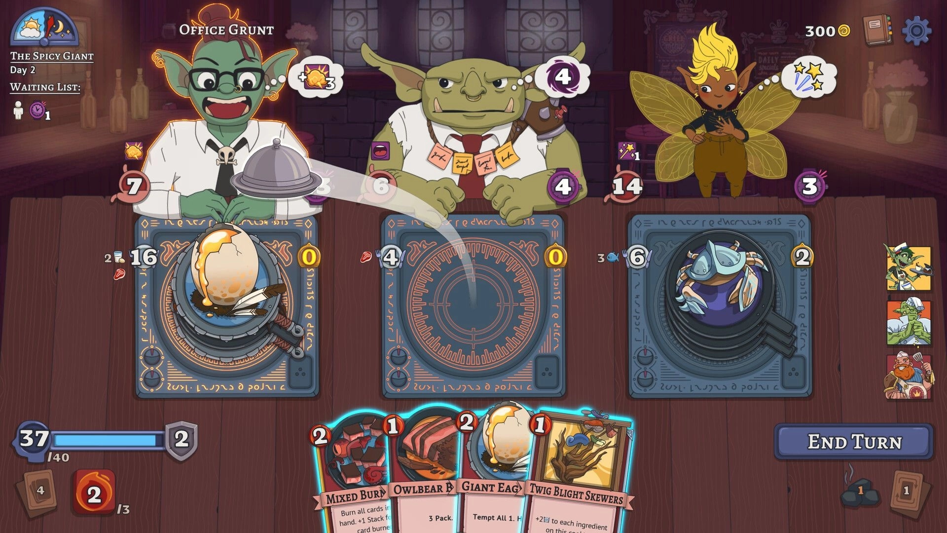 Arcane Eats: Goblin chefs strategizing ingredient cards at The Spicy Giant restaurant counter