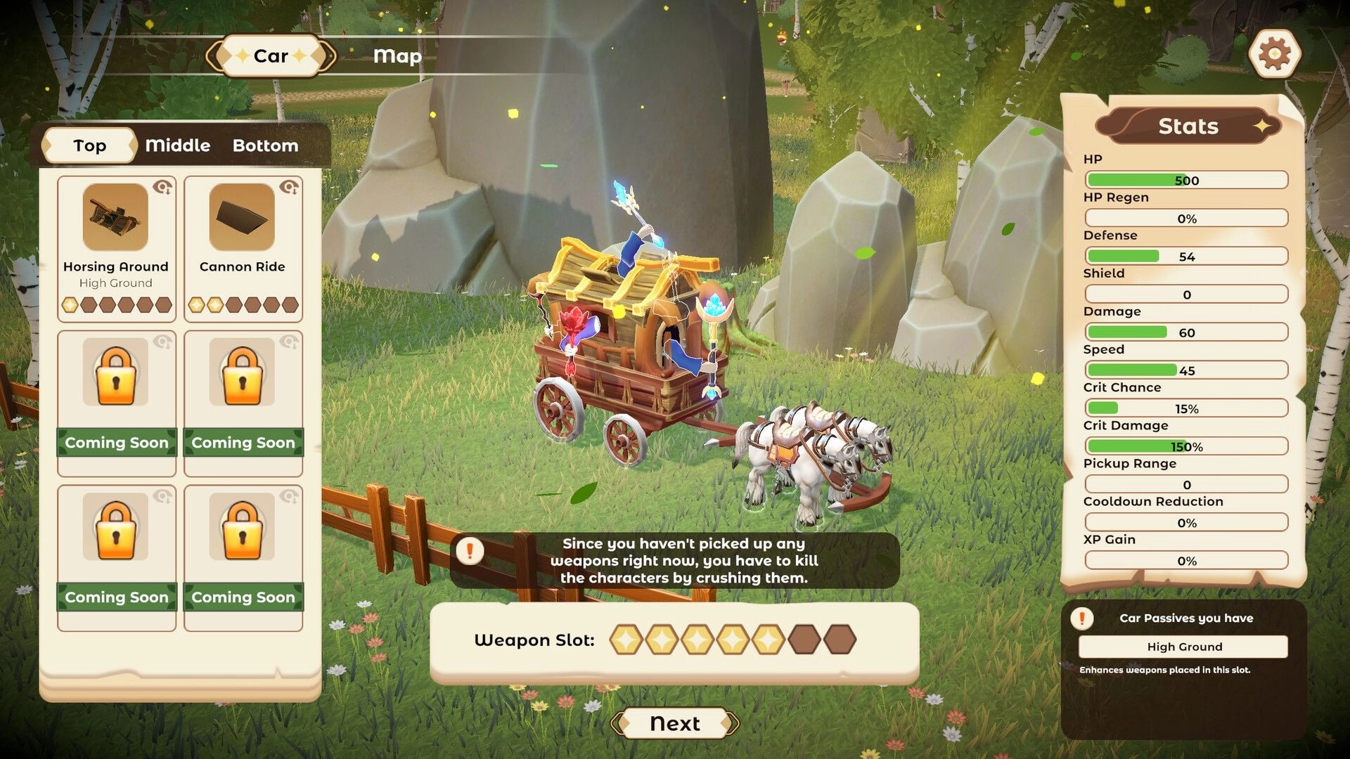 Arcane Overdrive: Customizing vehicle with horsing around and cannon ride options in a grassy forest setting.