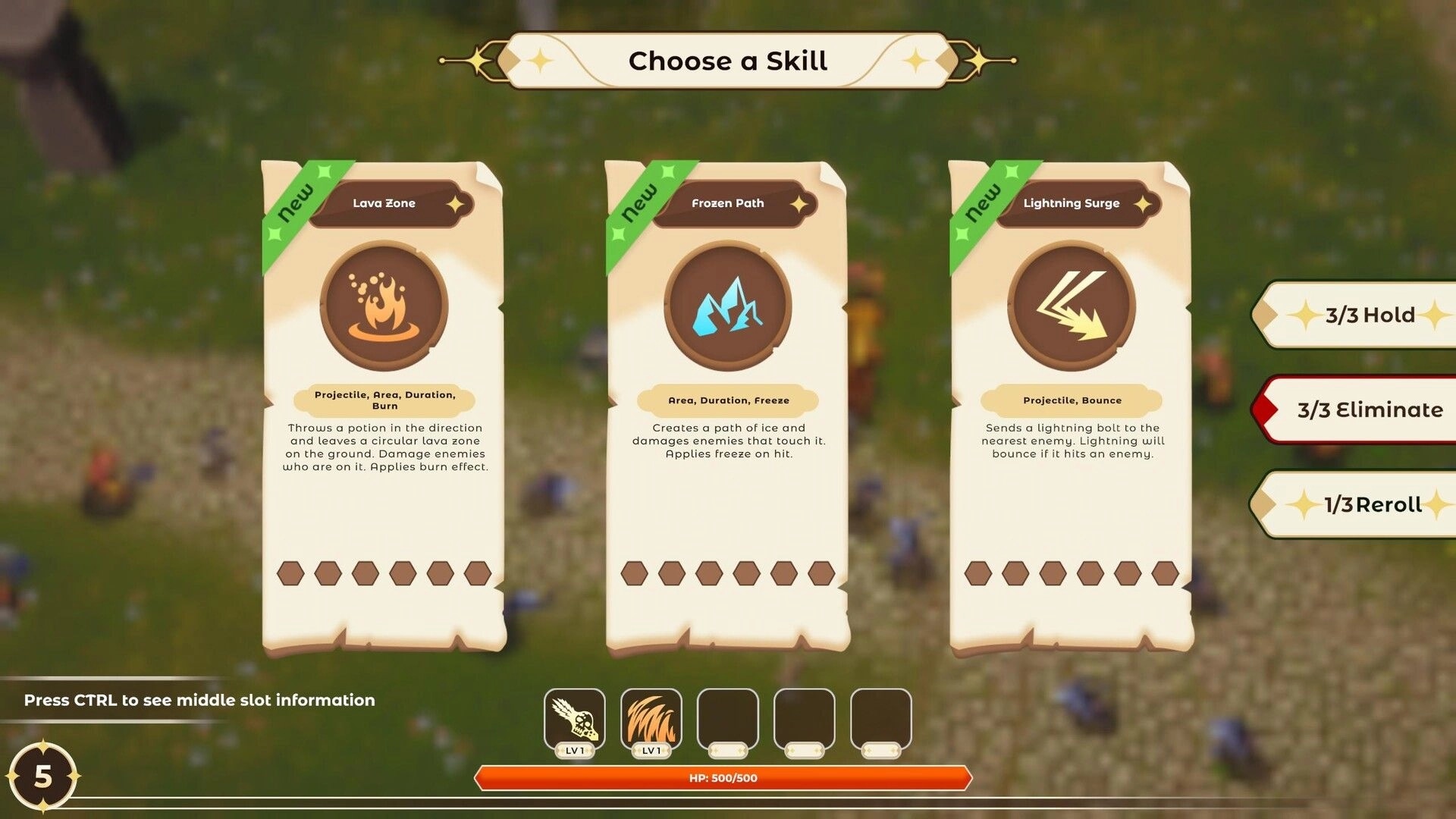 Arcane Overdrive: Skill selection screen with options Lava Zone, Frozen Path, Lightning Surge visible