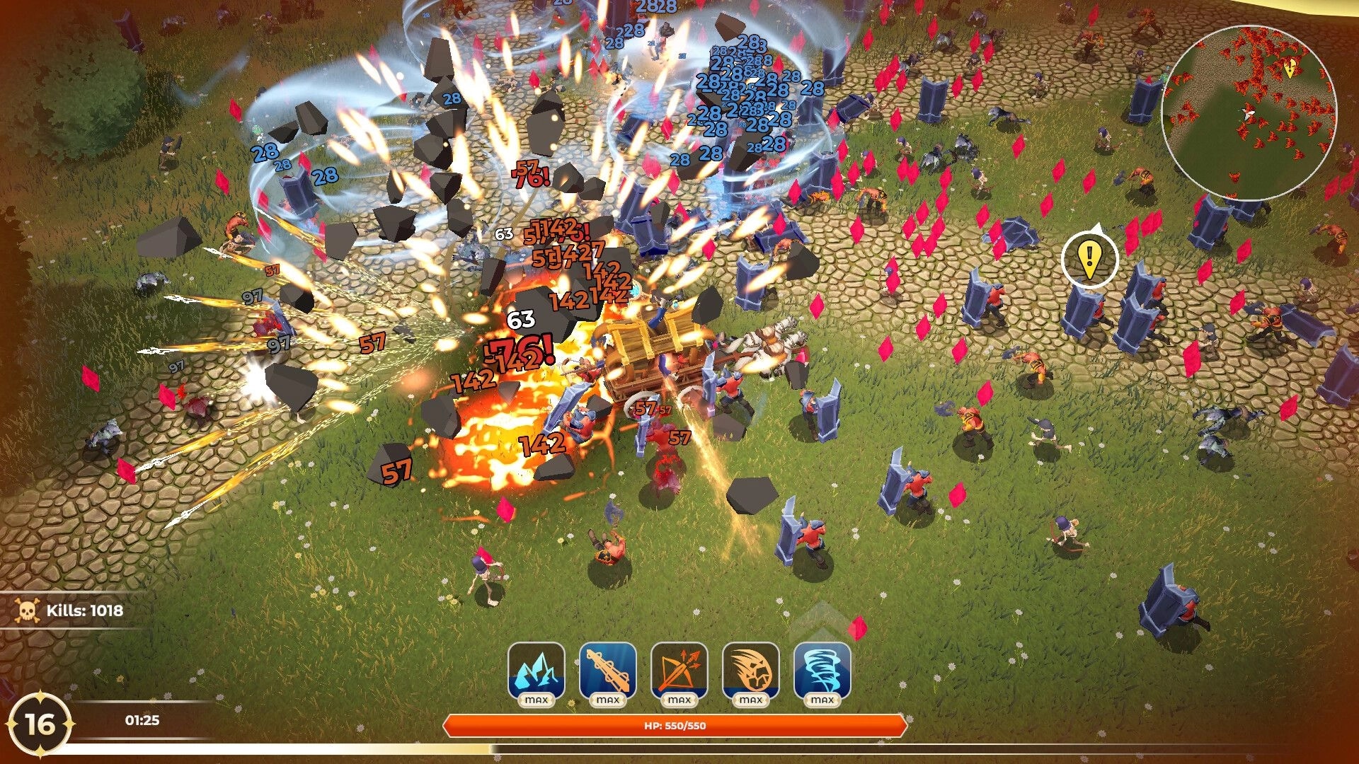 Arcane Overdrive: Explosive vehicular combat in grassy field with enemies and damage numbers visible