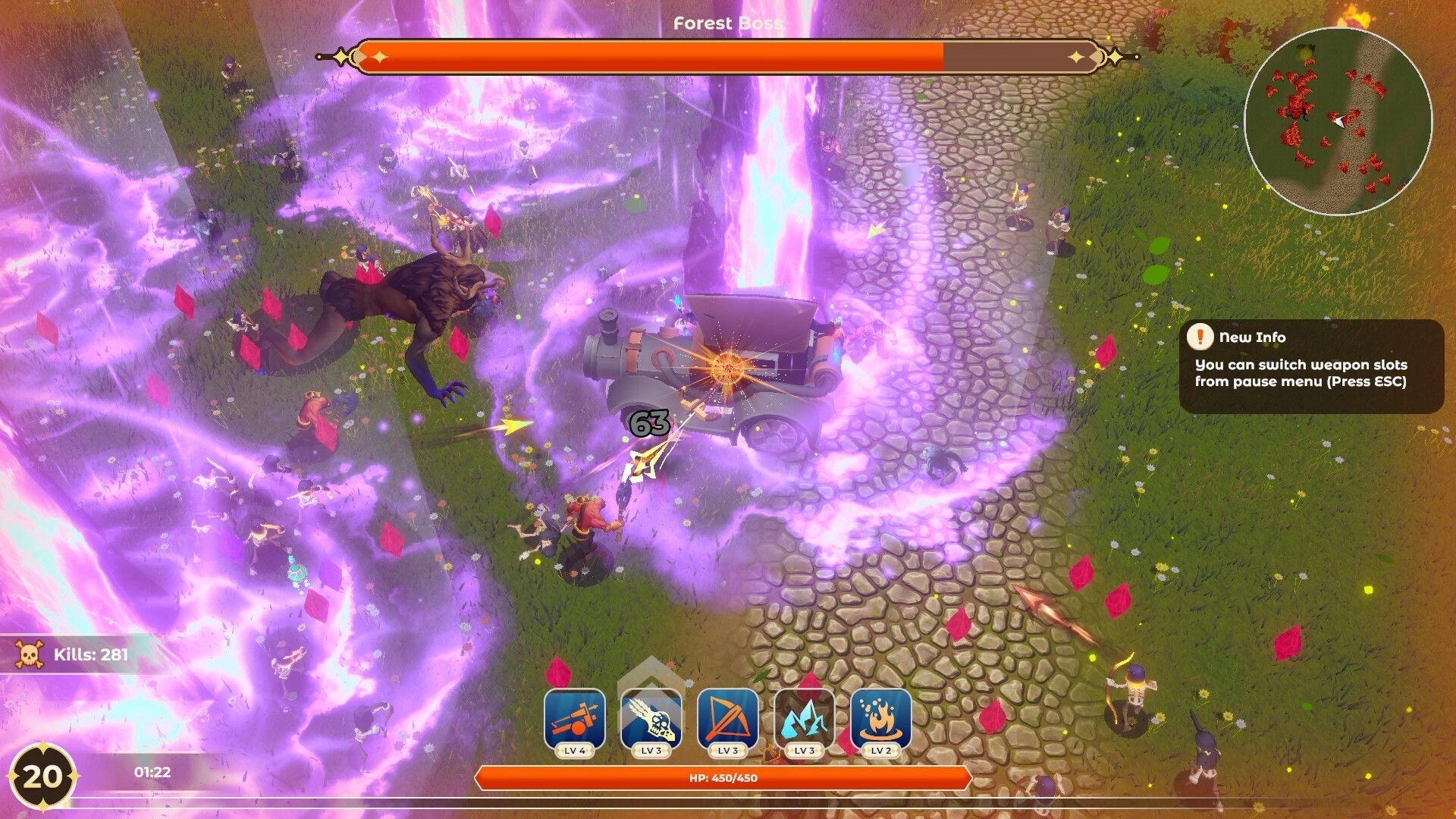 Arcane Overdrive: Vehicle battle against Forest Boss in a mystical field with vibrant purple effects