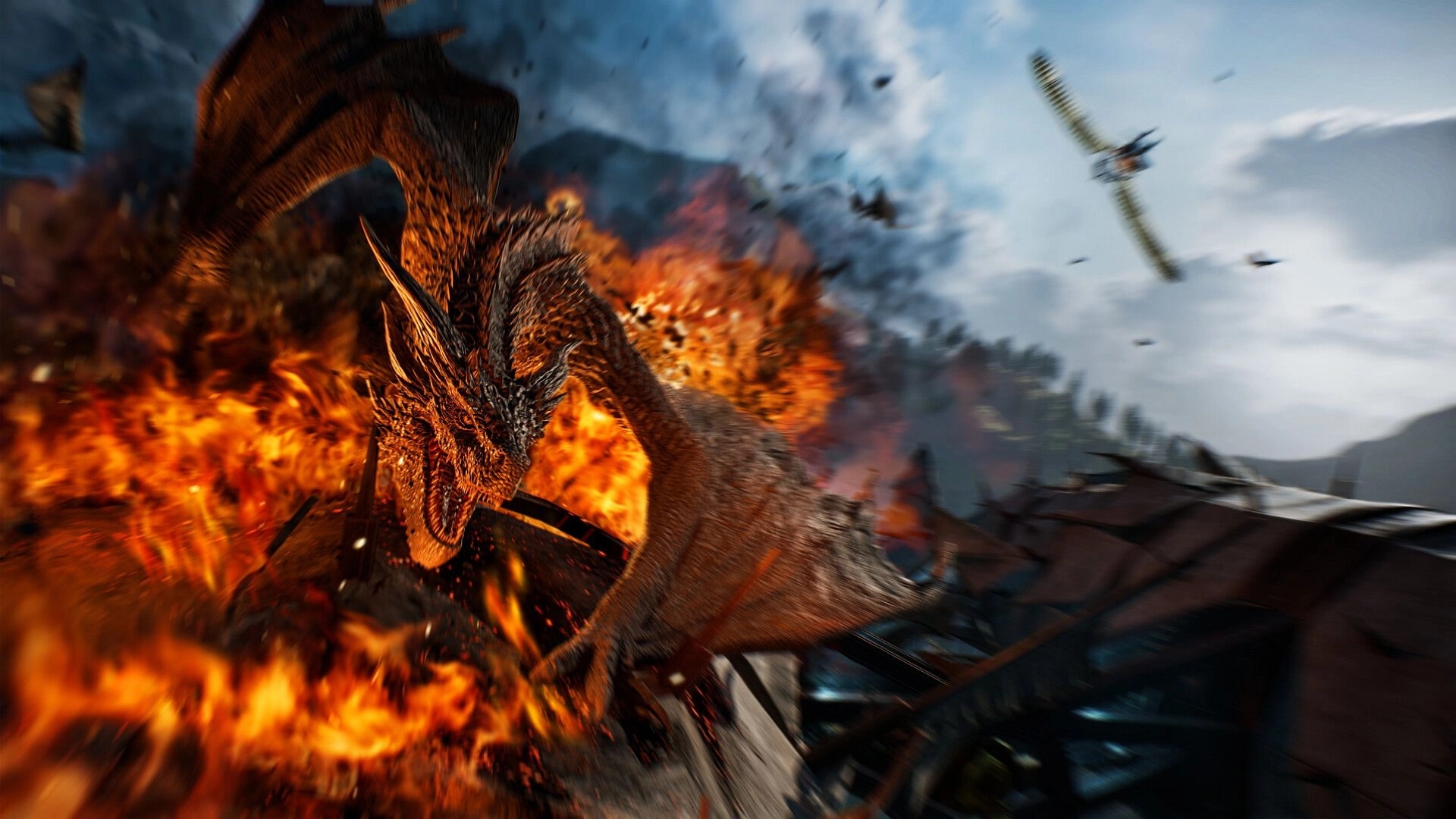 ArcheAge Chronicles: Dragon bursts through flames and smoke above shattered ruins under a cloudy sky.