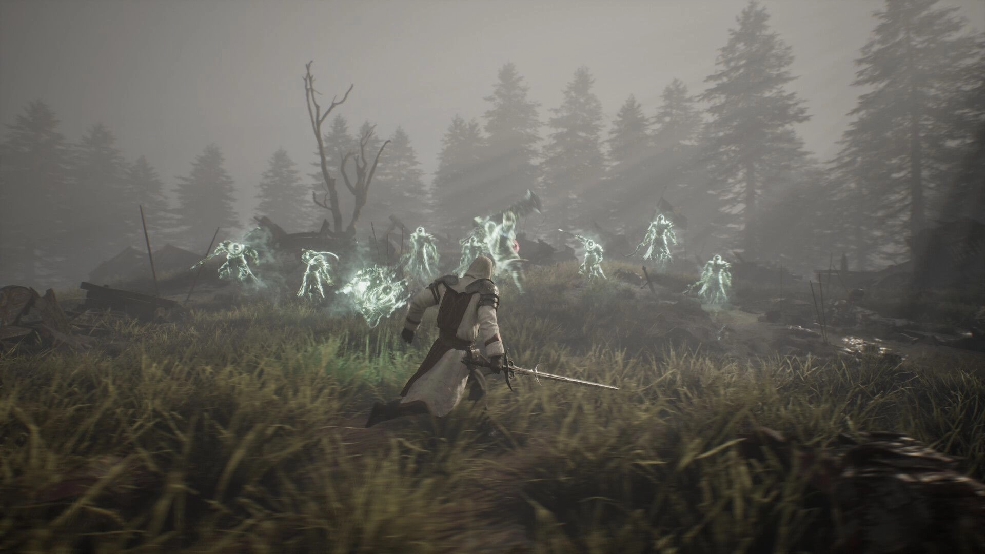 ArcheAge Chronicles: Hooded swordsman charges glowing wraiths across a misty forest battlefield.