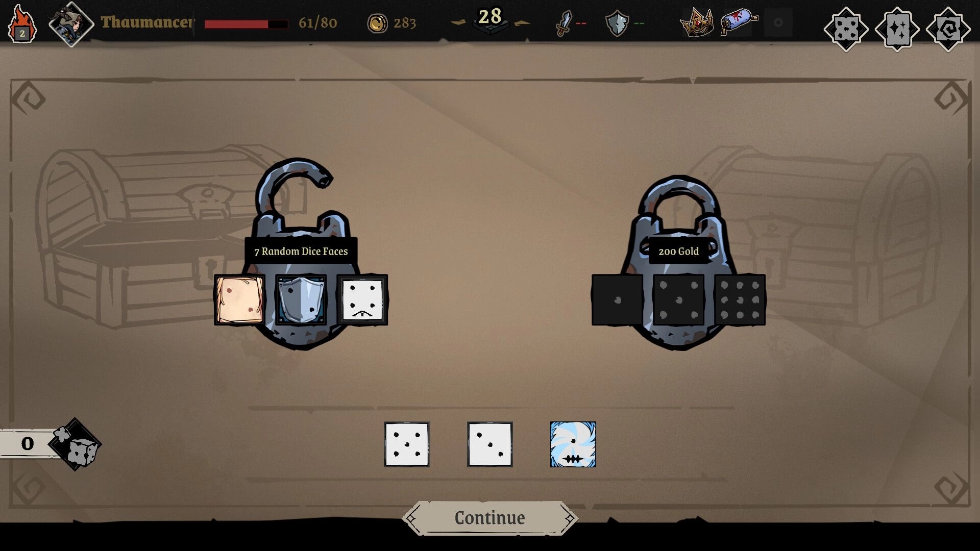 Archon Soul: Player choosing between random dice faces or gold in treasure chest interface