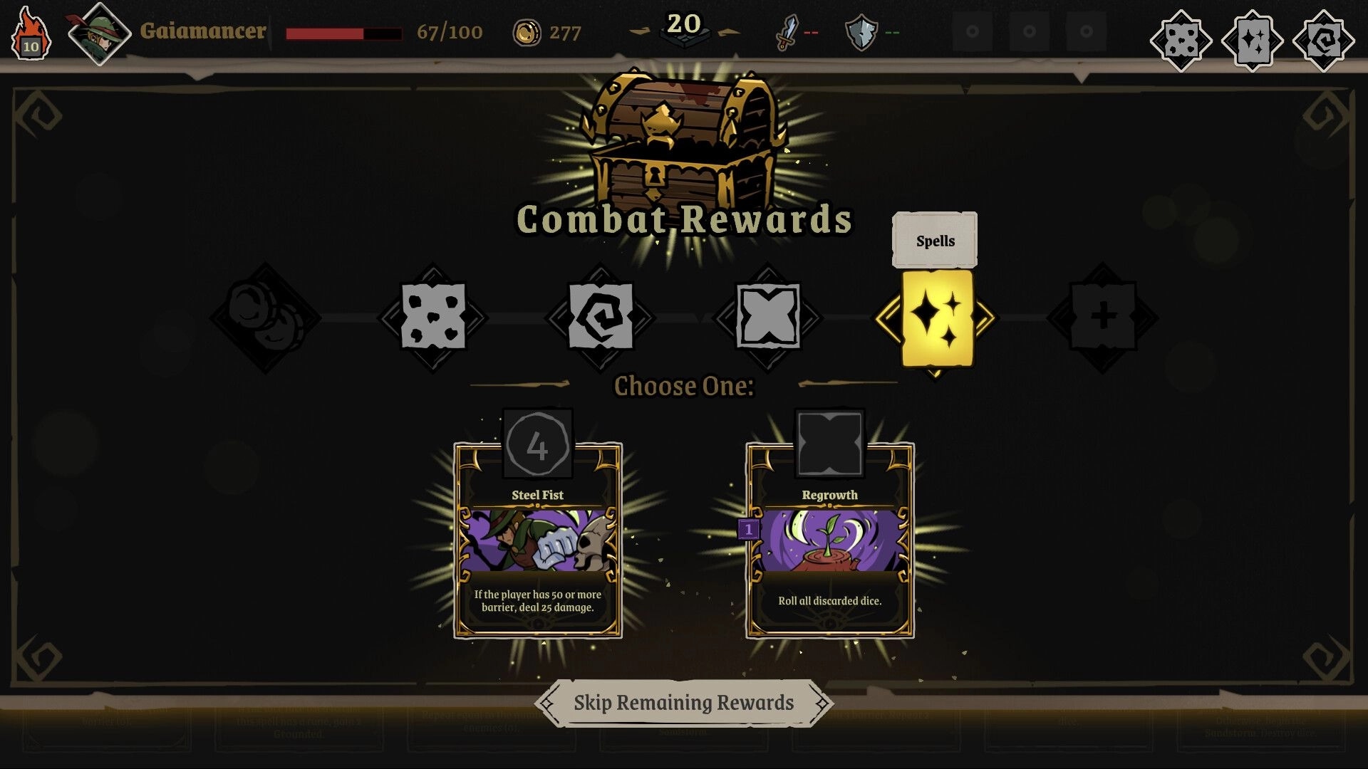 Archon Soul: Combat rewards screen displaying spell choices and player health in top-left corner.